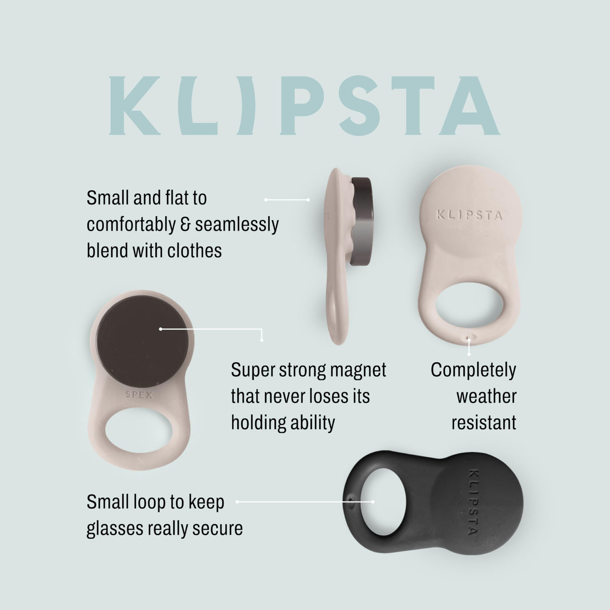 KLIPSTA SPEX Glasses Clips (Black+Stone 2-pack) - Perfect Holiday Gift & Christmas Stocking Stuffer - Magnetic Glasses Holder for Clothes, Eyewear Strap Alternative, ID Badge Holder