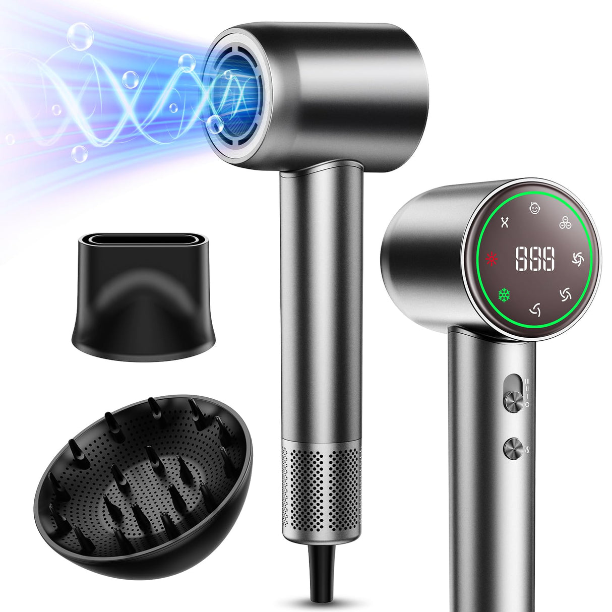 Guowo Hair Dryer, 160000 RPM Professional High Speed Ionic Blow Dryer for Fast Drying, 5 Temps/3 Speeds Lightweight Hairdryer with Magnetic Diffuser for Curly Hair for Home Travel Salon, Silver