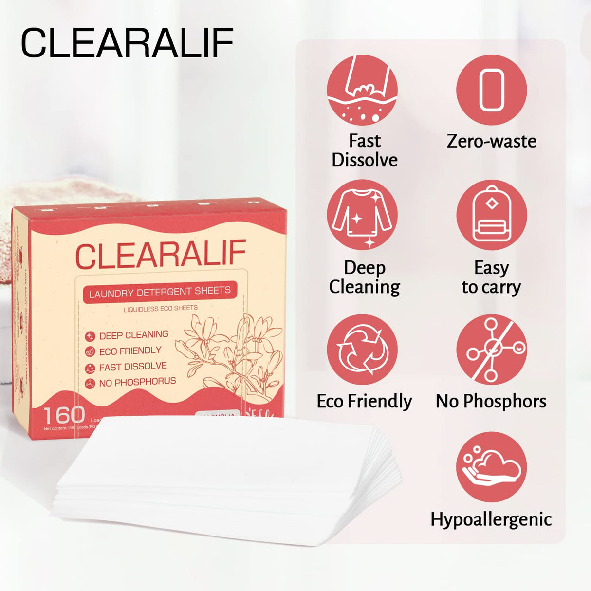 CLEARALIF Laundry Detergent Sheets Up to 160 Loads, Magnolia - Great For Travel,Apartments, Dorms,Laundry Detergent Strips Eco Friendly & Hypoallergenic - 3 PACK