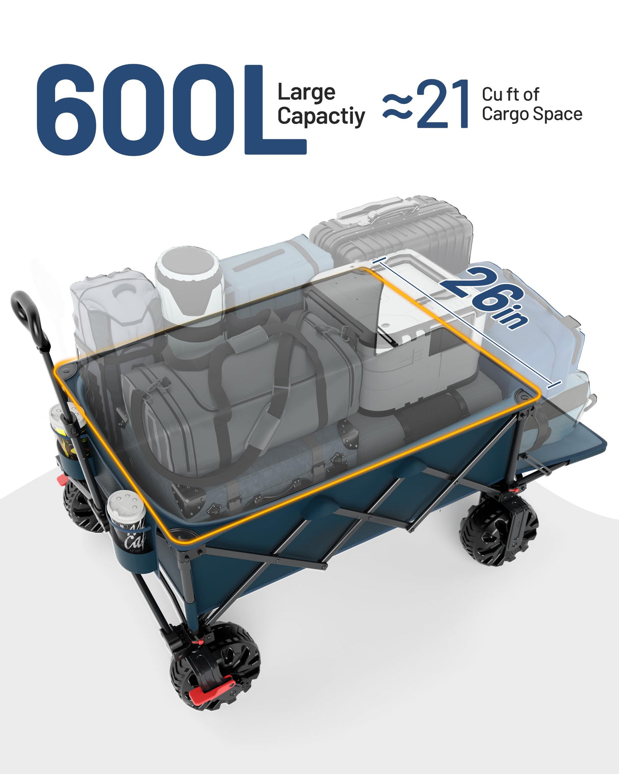 TIMBER RIDGE 600L Beast Wagon 26" W Extra Wide All Terrain Folding w/Big Wheels, Cargo Net & Tailgate, 26" W and 54.5" L, 400lbs Heavy Duty Collapsible Portable Cart for Camping, Sports, Dogs, Blue