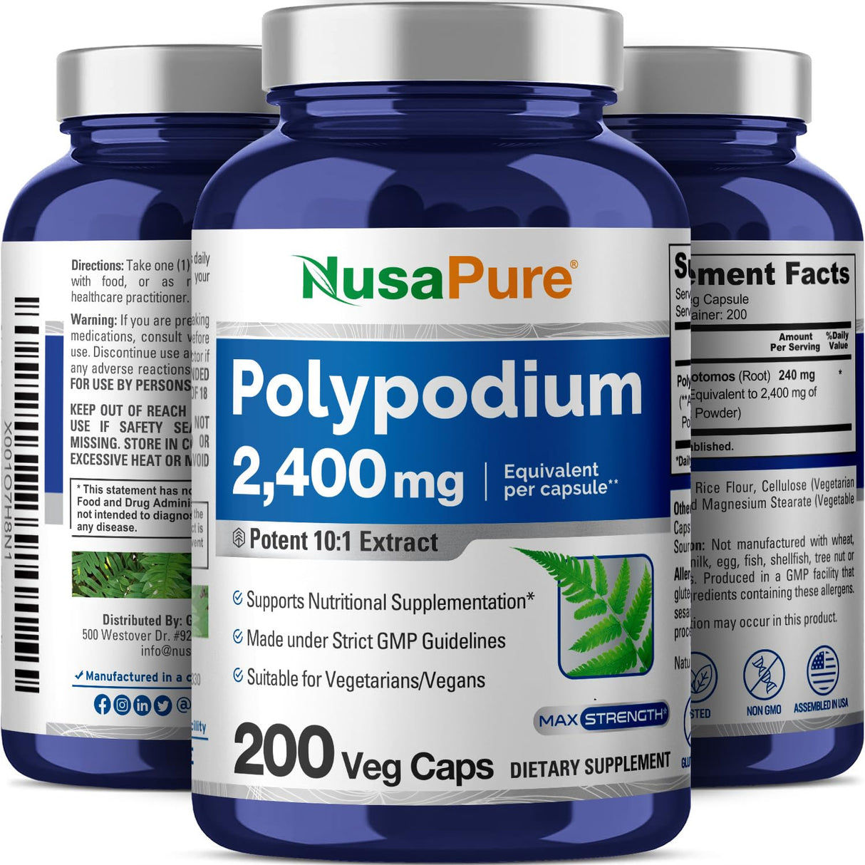 3 Pack NusaPure Polypodium Leucotomos Extract 2400mg 200 Veggie Capsules (Vegetarian, Non-GMO, Vegan)