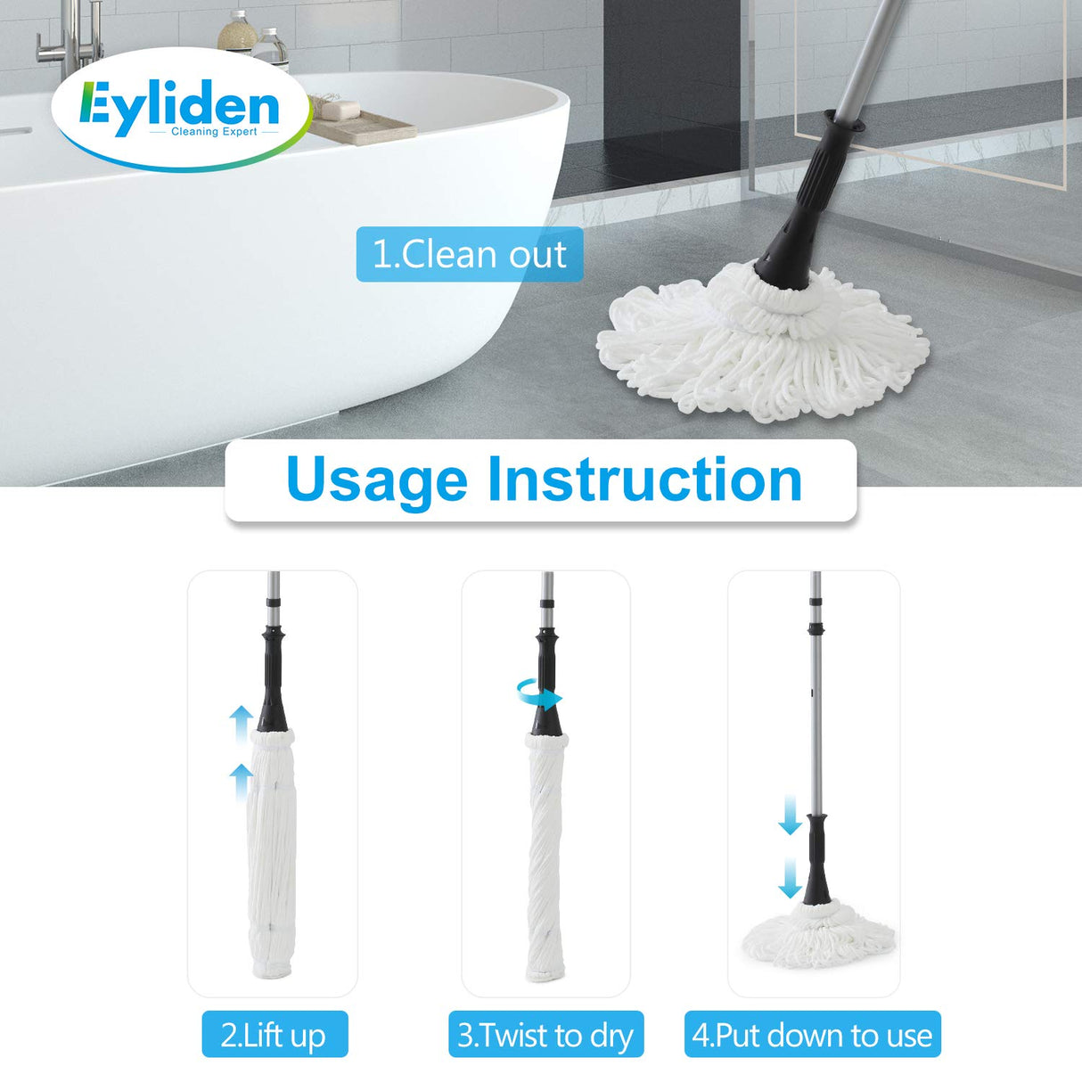 Eyliden Twist Mop, 2 Reusable Microfiber Heads, No Touch Dirt, Easy Wring