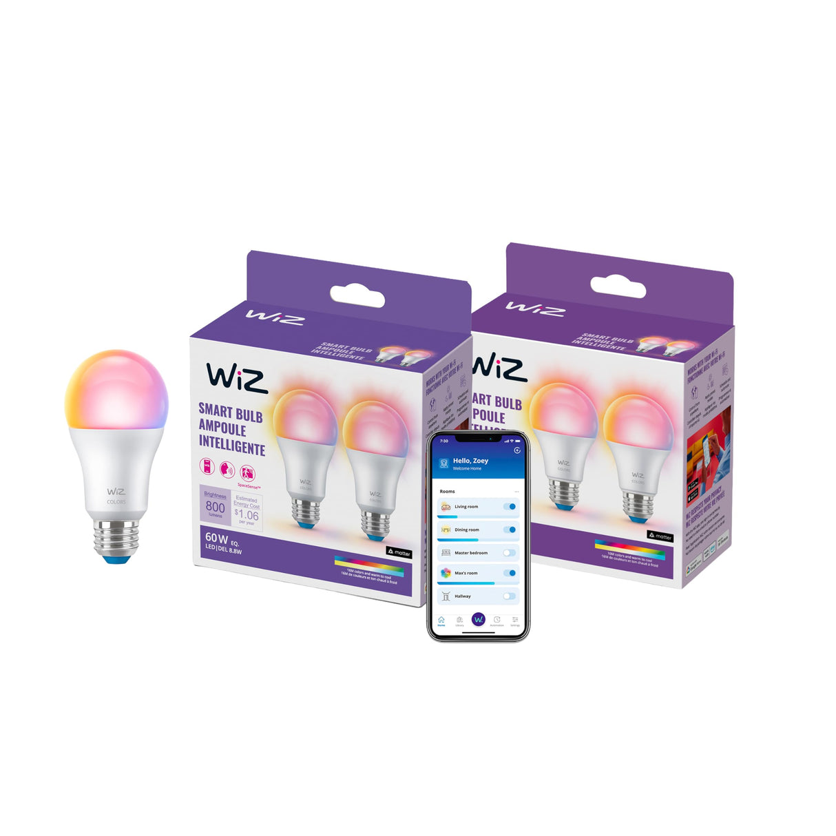 WiZ Connected Smart Light Bulbs, 4-Pack, Full Color A19 60W 800LM E26 LED Lights, Sunset/Sunrise Automation, Smart Bulbs with Motion Detection, Control with Voice or App