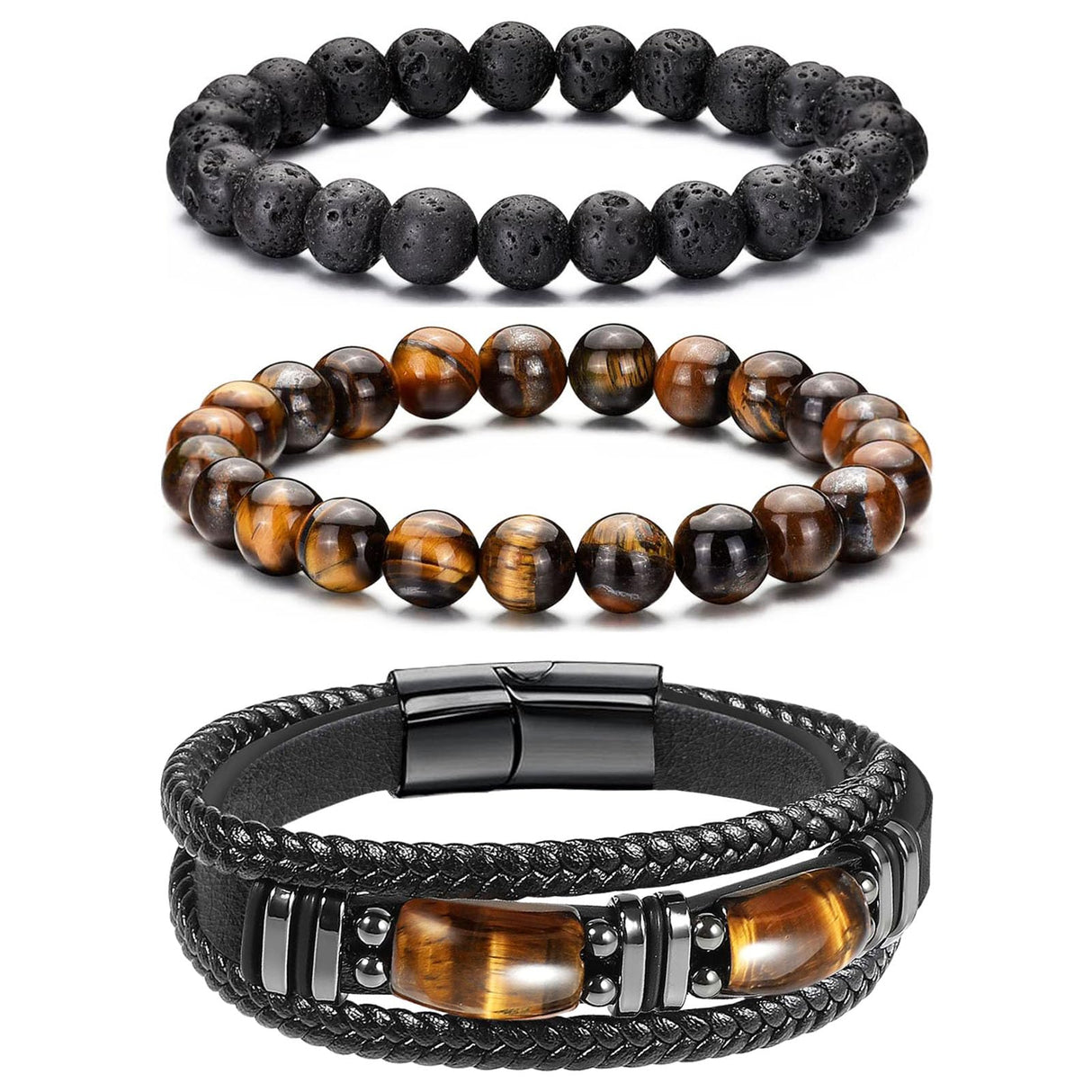 LOWNOUR Mens Bracelet Set Black Leather Bracelets for Men Tiger Eye Bracelet 8mm Lava Rock Beaded Bracelets Adjustable Stretch