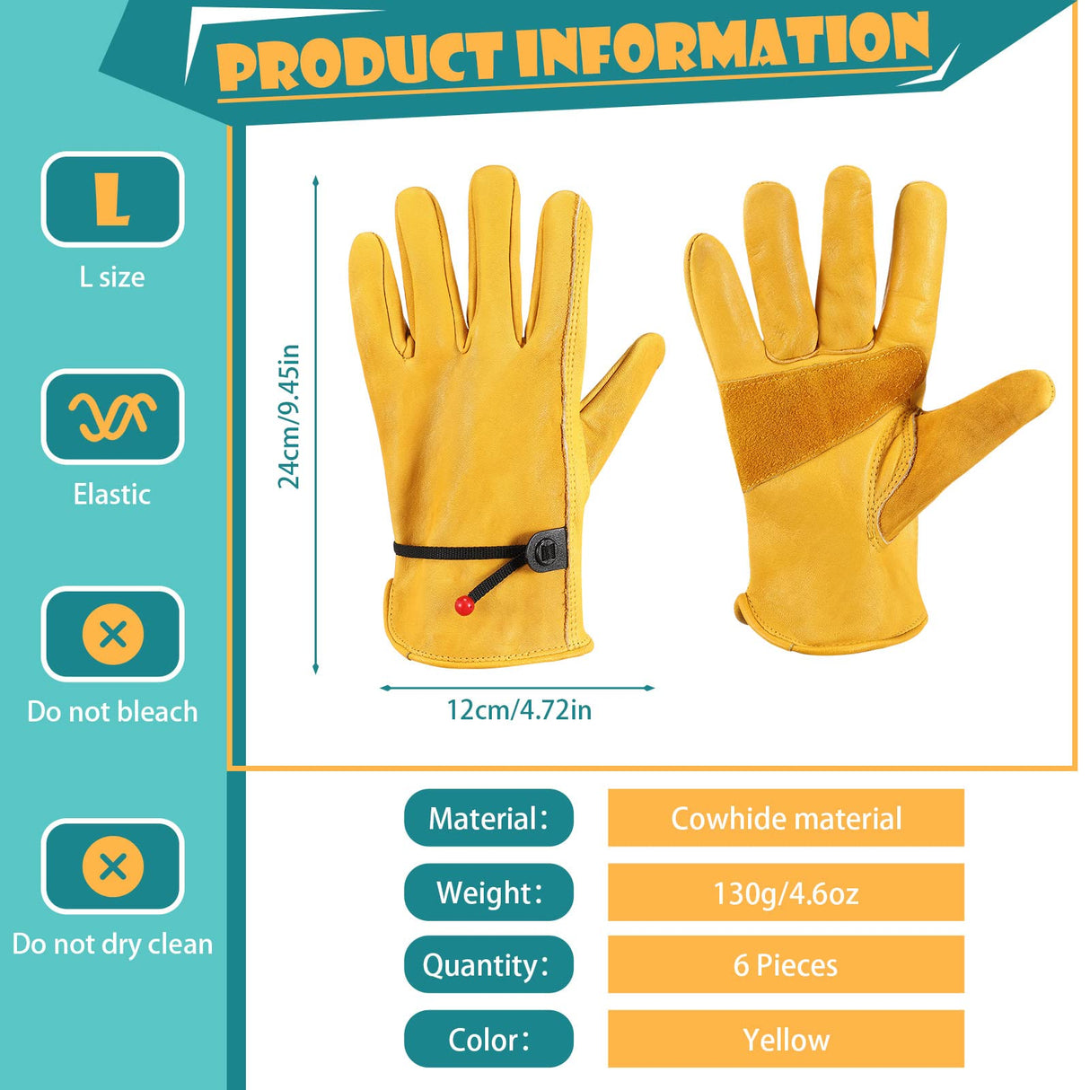 Tarpop 6 Pairs Men's Cowhide Leather Gloves Large Cowhide Leather Gardening Gloves with Reinforced Palm Stretchable Wrist Tough Working for Wood Cutting Construction Driving Garden Working