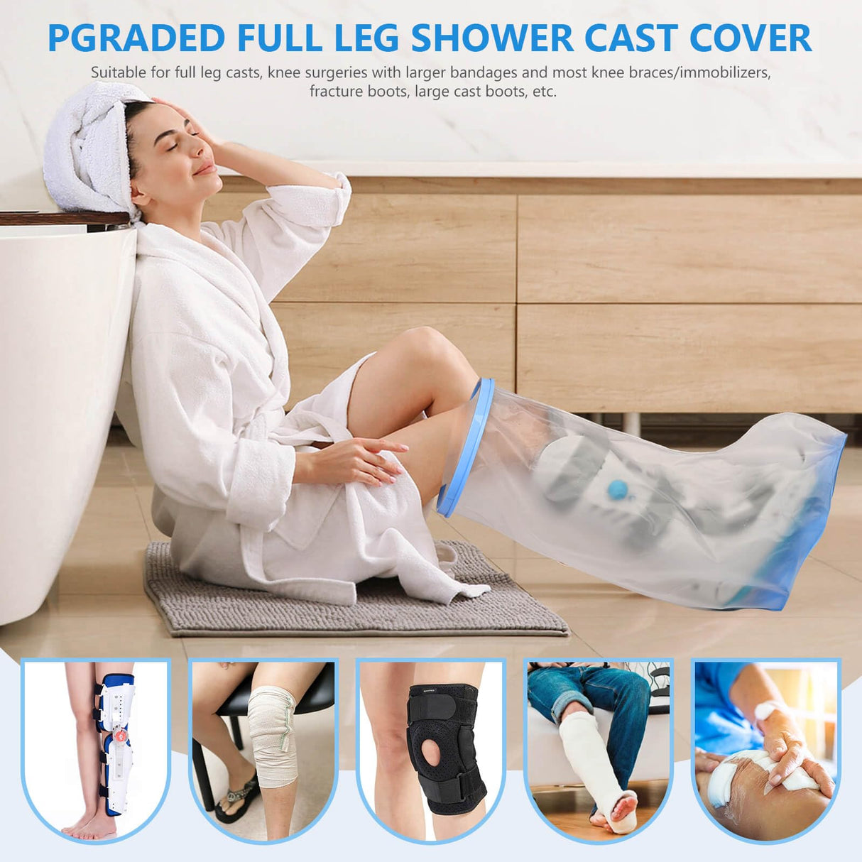 100% Waterproof Extra Wide Leg Cast Cover for Shower with Non-Slip Bottom Reusable Shower Boots Protector for Adult Leg Ankle Foot After Surgery Bandage Dressing Wound Immobilizer/Brace, Walking Boots