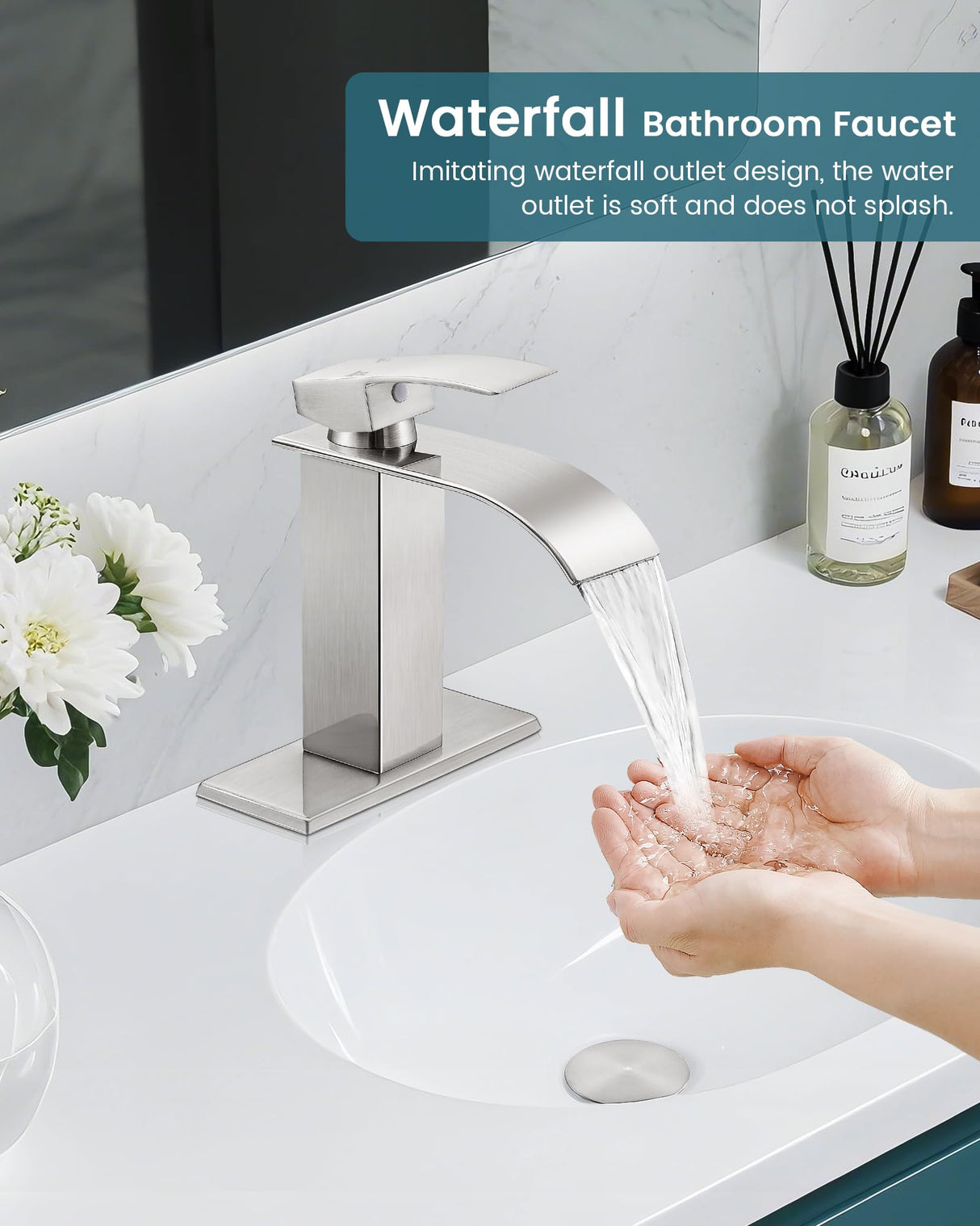LUFG Bathroom Faucets Brushed Nickel Waterfall Bathroom Sink Faucet Modern Single Handle Bathroom Faucet for 1 or 3 Hole Mxier Tap Washbasin Faucet with Deck, Pop-up Drain and Supply Hoses