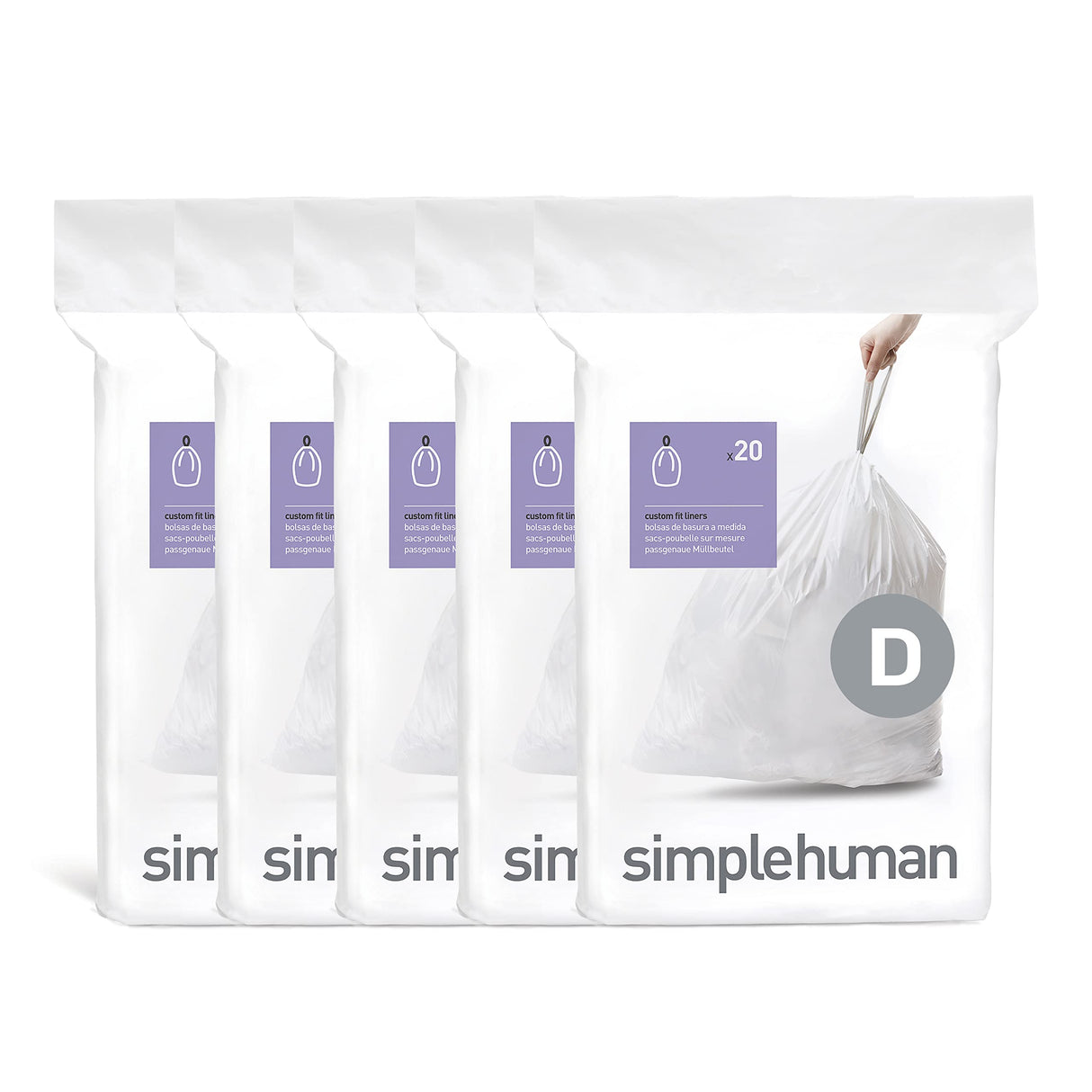 simplehuman Code D 100 Count, Dispenser Pack Custom Fit Liners, Drawstring Trash Bags, 20 Liter / 5.3 Gallon, White