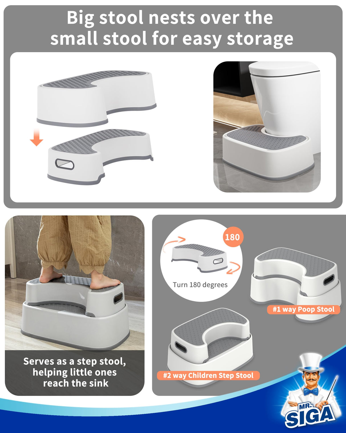 MR.SIGA Toilet Stool Squat Adult, Bathroom Stool Heavy Duty, Anti Slip Toilet Step for Bathroom, Toddler Step Stool for Kids