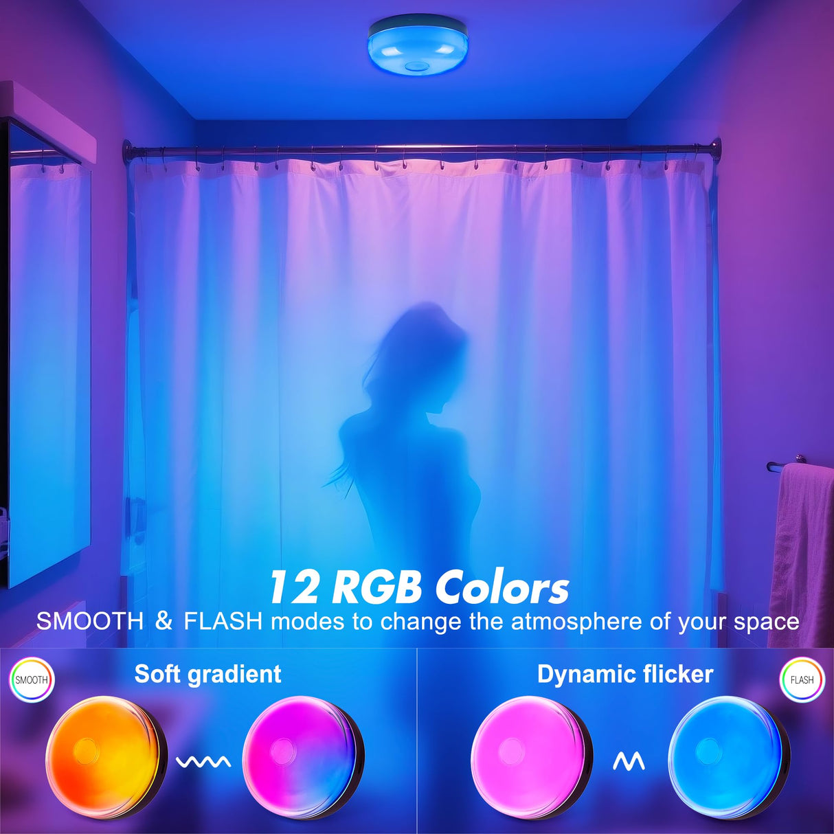 4-Pack Rechargeable Shower Lights for Inside Shower, 15 RGBW Color Changeable Waterproof Lights for Shower with Remote(Dimmable&Timer), Wireless LED Mood Lighting for Bathroom, Closet, Bedroom, Party