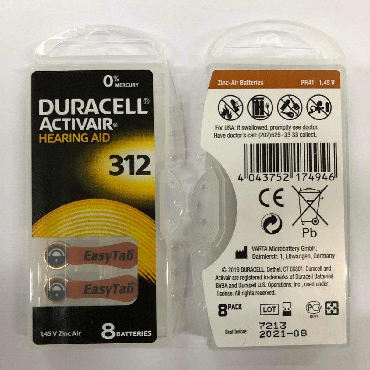 Duracell Hearing Aid Batteries Size 312 pack 60 batteries