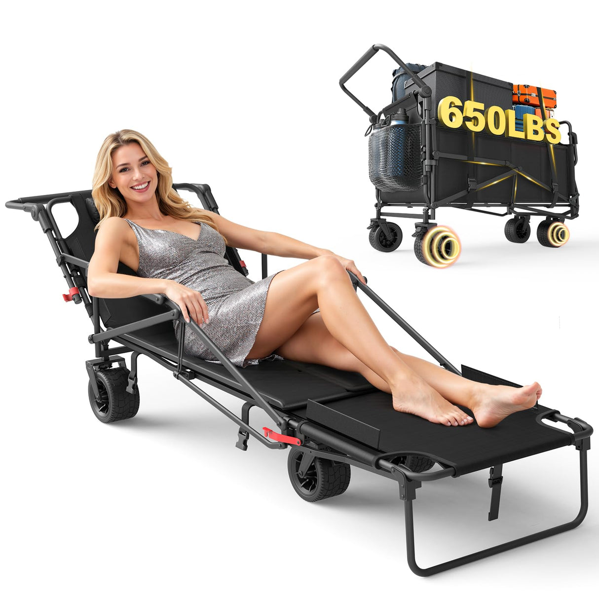 LEVELEVE Heavy Duty Folding Wagon - 2-in-1 Collapsible Cart, 650lb Capacity, All-Terrain Wheels w/Brakes & Side Pockets