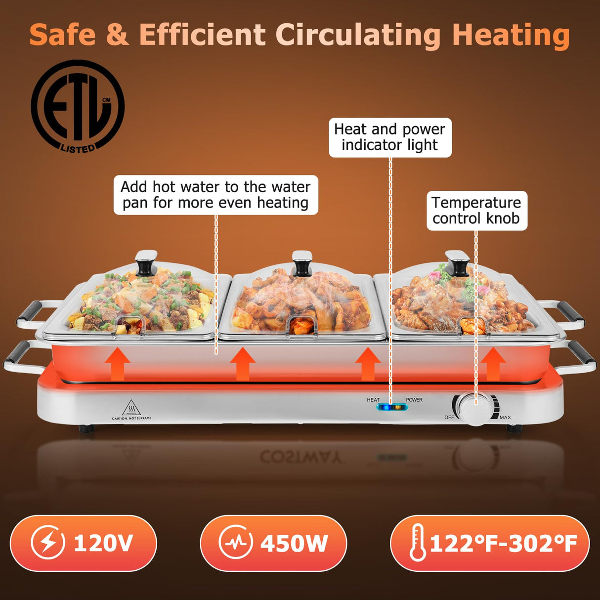 Giantex Buffet Server & Electric Food Warmer, 2-in-1 Food Warming Tray, Adjustable Temperature, 3 Food Pans with Lids, Dishwasher Safe, 8 QT Stainless Steel Chafing Dishes for Parties Holiday Events