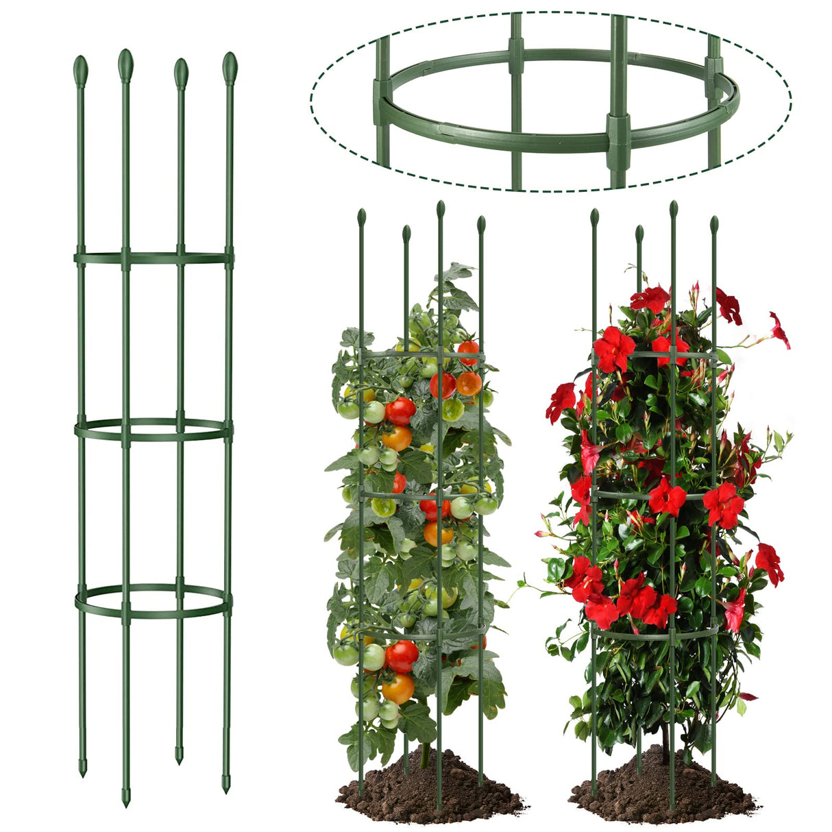 Round Heavy Duty Tomato Cage - 55 Inch Steel Core Plastic Coated Garden Trellis, 4-Post Rustproof Plant Support for Tomato/Cucumber/Beans, No Tools Snap Assembly, Spare Parts Available 1PS