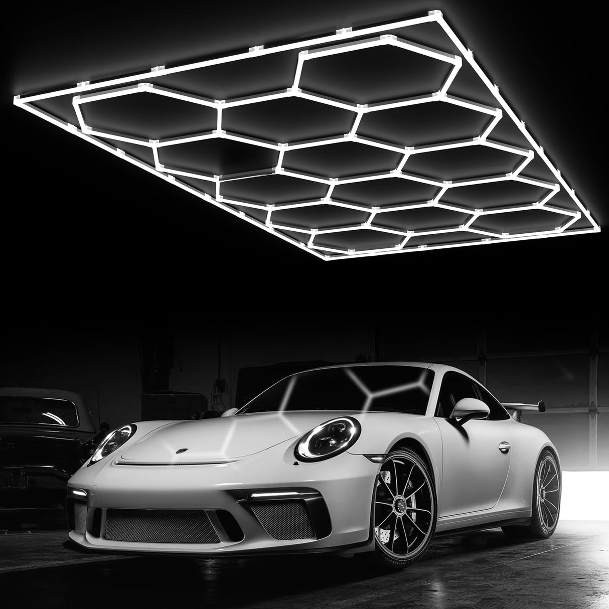 Litezone Hexagon Garage Lights, 14 Grids LED Garage Hexagon Lights with Rectangle Frame, 6500K Super Bright Honeycomb Lights for Garage, Warehouse, Car Detailing Shop, Exhibition Hall, Gym
