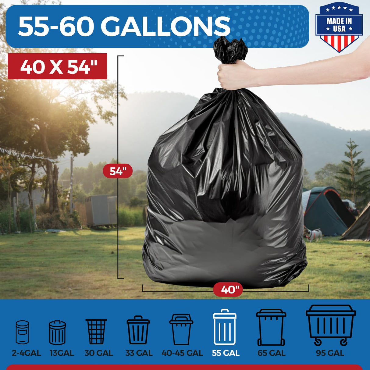 Fuxury 55-60 Gallon Trash Bags 150 Count Black Garbage Bags, 40x54" Extra Large Trash Can Liners, 0.7 Mil Plastic Bags for Serious Garbage Cleanup Home, Yard & Commercial Use, Made in USA