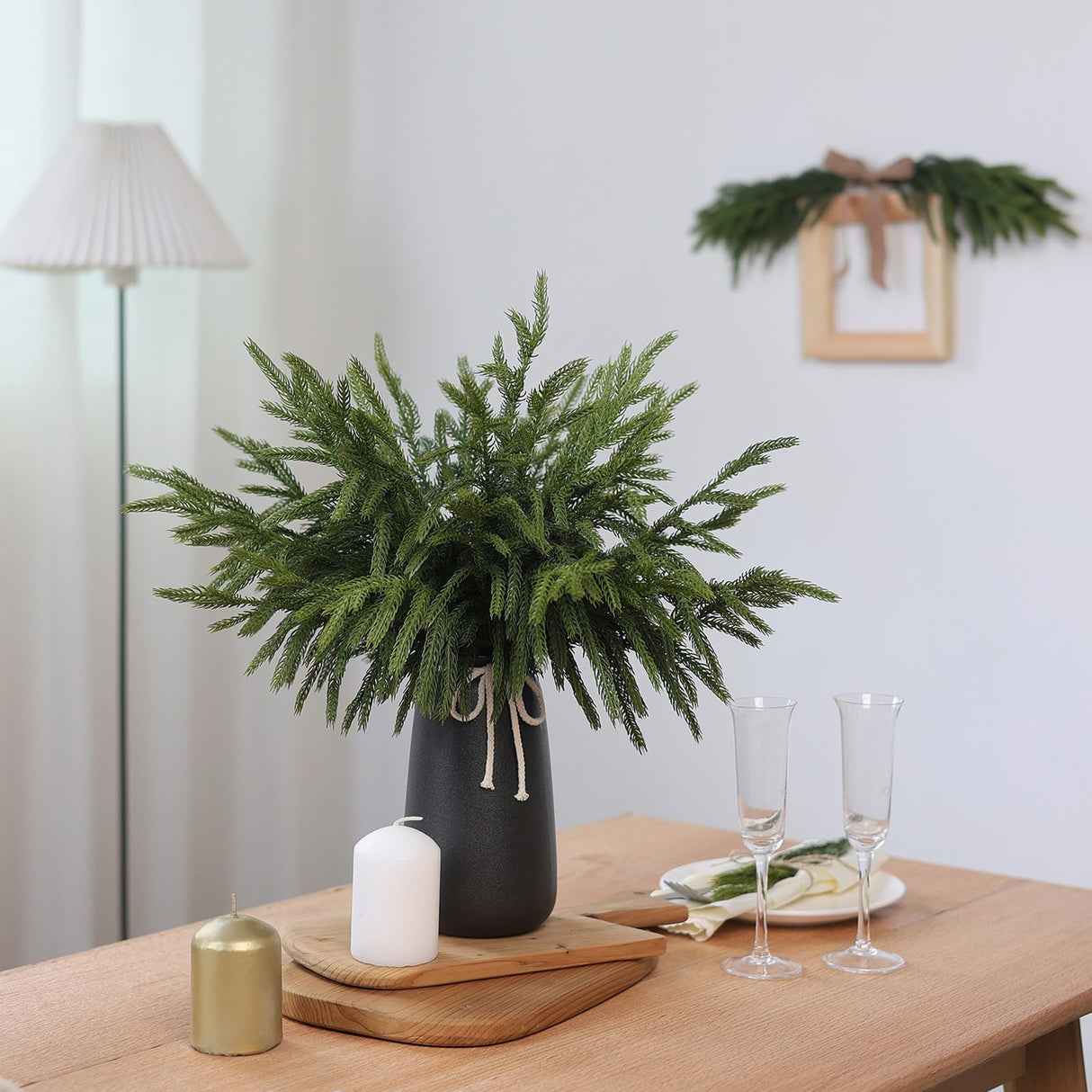 YXZZWL 32 Pcs Christmas Norfolk Pine Branches, 18 Inch Real Touch Artificial Norfolk Pine Branch Faux Cedar Pine Stem Fake Greenery Picks for Vase DIY Garland Wreath Home Decoration