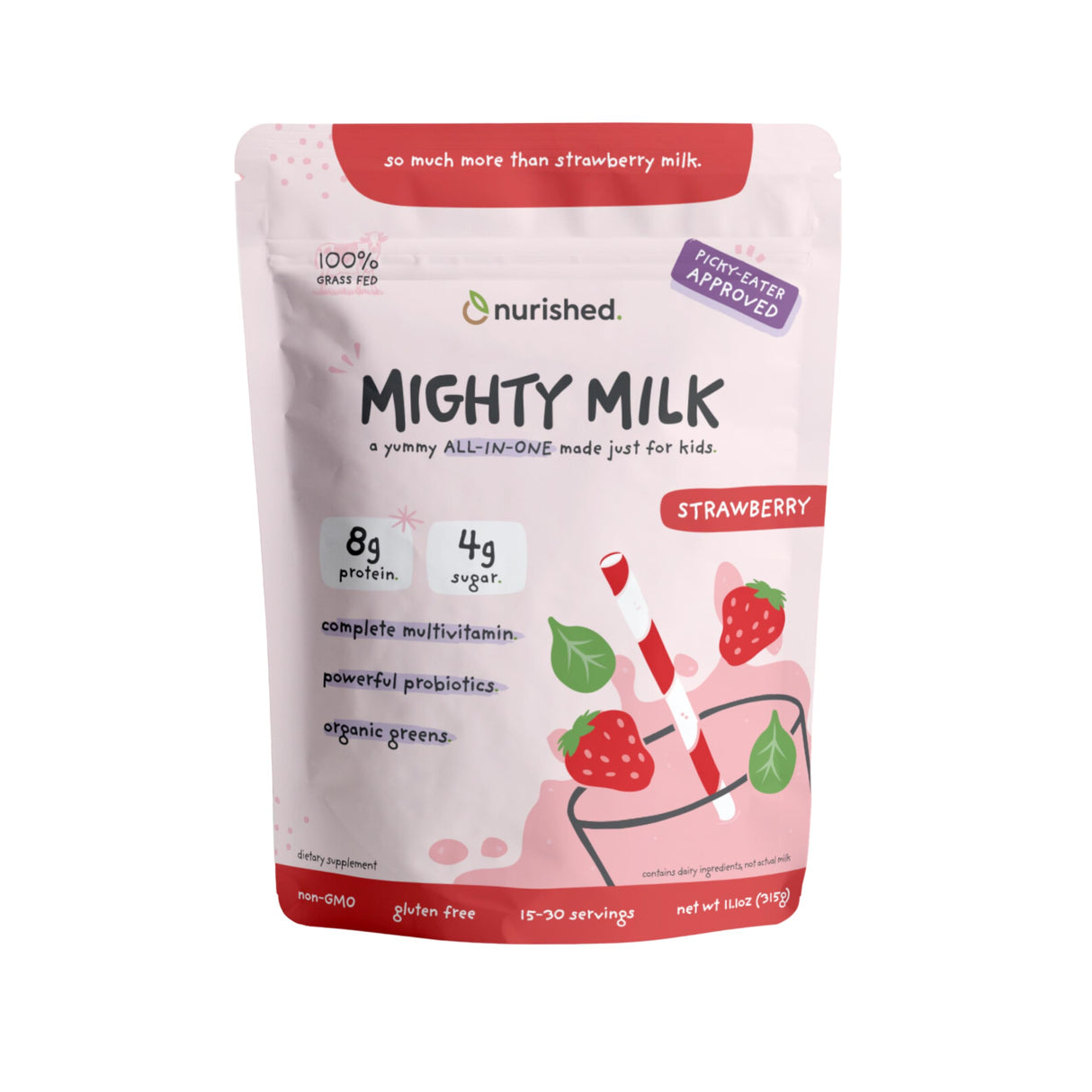 Nurished Mighty Strawberry Milk - Kids All-in-One Daily Protein Powder & Multivitamin Boosted with 2 Billion Probiotics & Organic Spinach - Natural Flavors, Colors & Sweeteners - 15-30 Servings