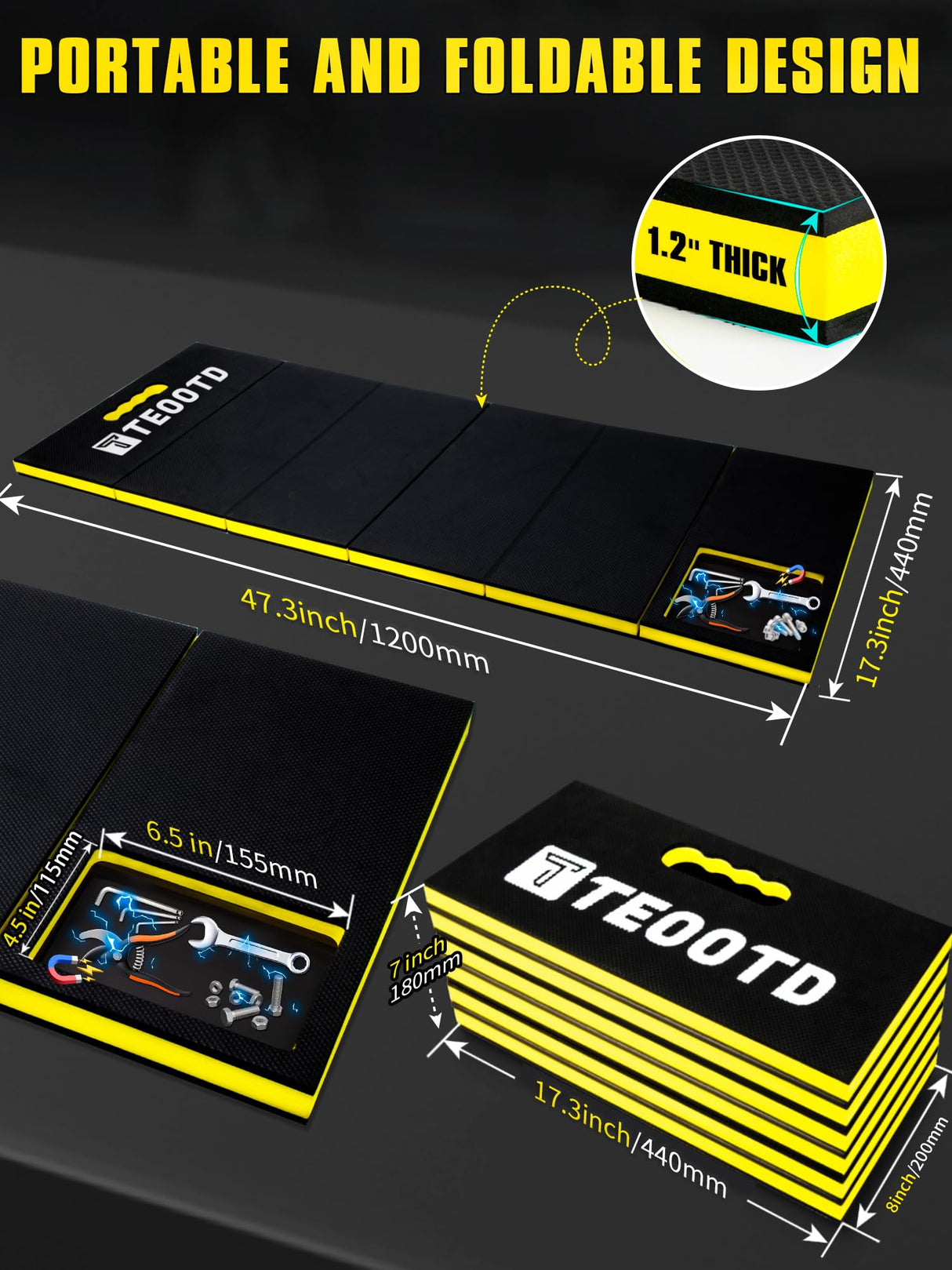 TEOOTD 1.2" Extra Thick Foldable Mechanic Mat, Kneeling Pad with Magnetlc Tool Compartment, Waterproof Comfortable EVA Mat with Handle & Storage Belt for Workshop Repairing,Gardening 47.3x17.3x1.2