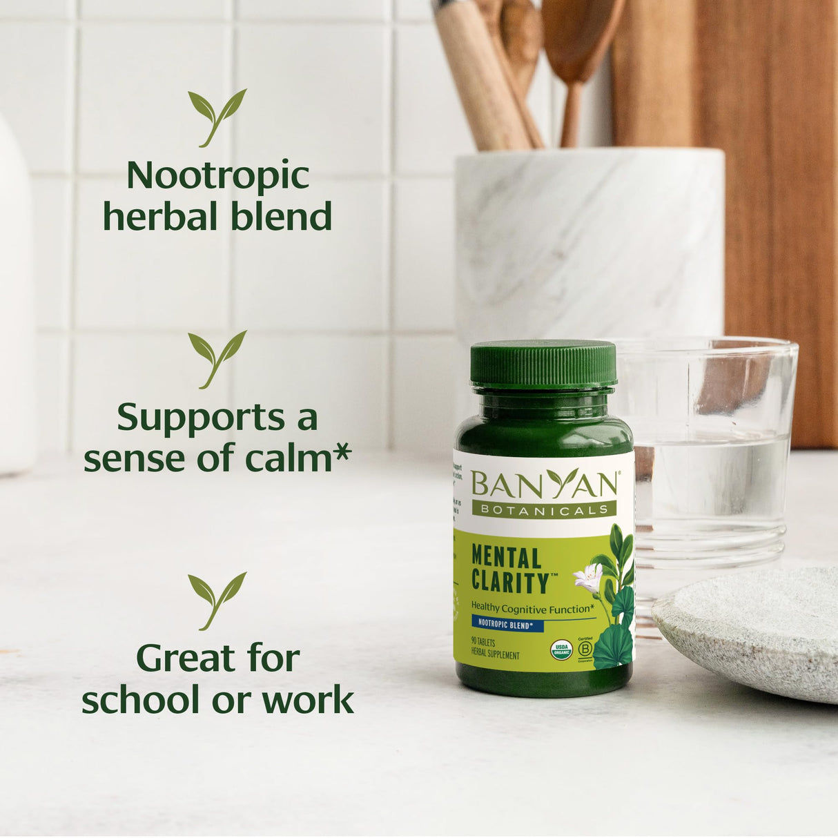 Banyan Botanicals Mental Clarity – Organic Supplement with Gotu Kola & Bacopa – Supports Healthy Cognitive Function & Mental Performance* – 90 Tablets – Non-GMO Sustainably Sourced Vegan