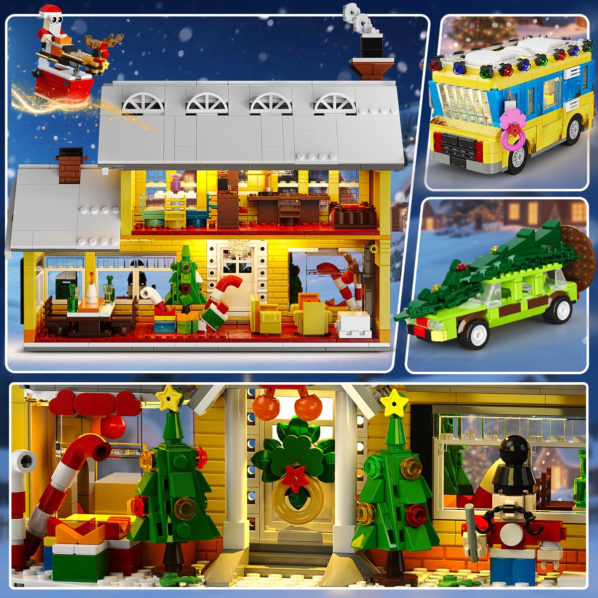 CUBIMANA 2025 Christmas Gingerbread House Village Building Set with Light - 1993PCS Holiday Snow Village Mini Building Blocks Toy with Bus & Pickup Truck Xmas Gifts for Adults Kids Boys Girls Age 12+