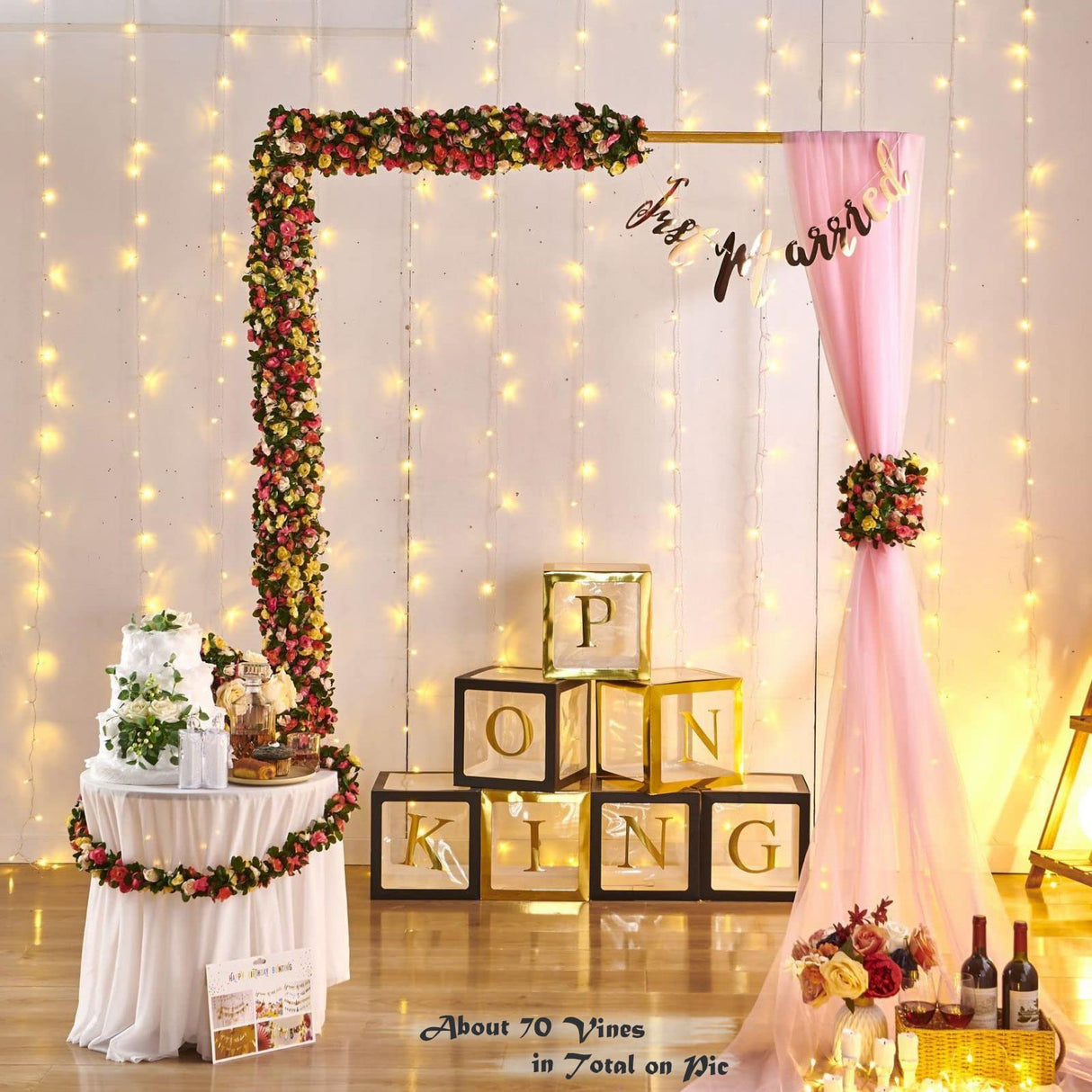 PONKING 8 Pcs x 8.2 ft Flower Garland Artificial Rose Vine Flowers with Green Leaves Hanging Fake Roses Vine for Room Party Home Wedding Birthday Christmas Wall Arch Decor, Spring Pink Flower