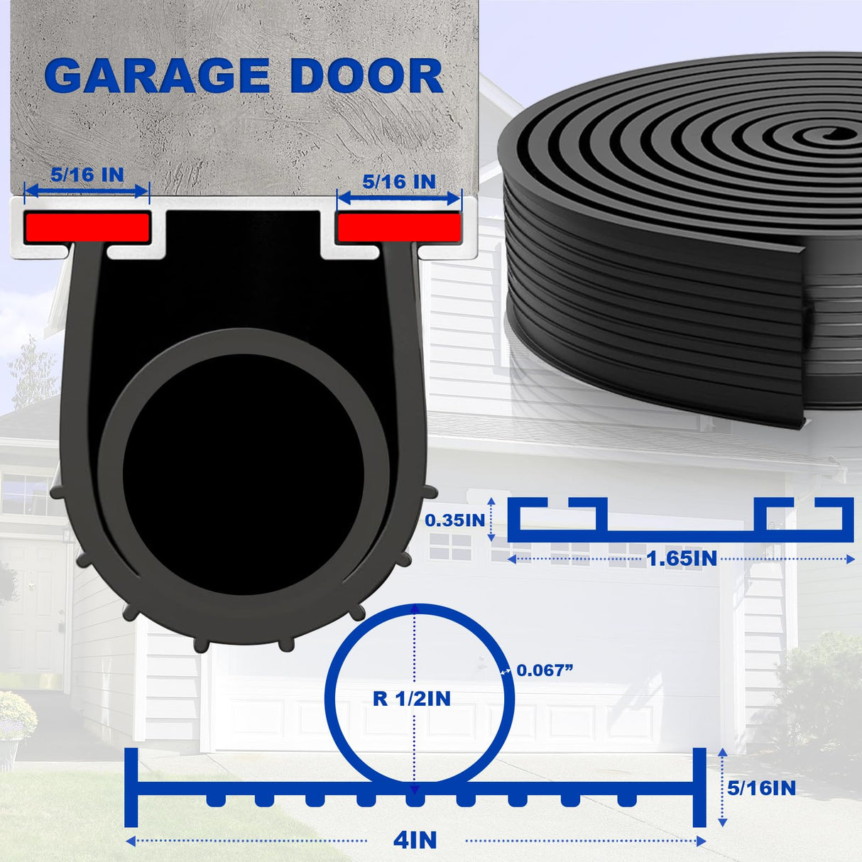 DGSL Garage Door Seals Bottom Rubber Weather Stripping Kit Seal Strip Replacement, Weatherproof Threshold Buffering Sealing Rubber 5/16 Inch T Ends (20 FT, Black, U+O)