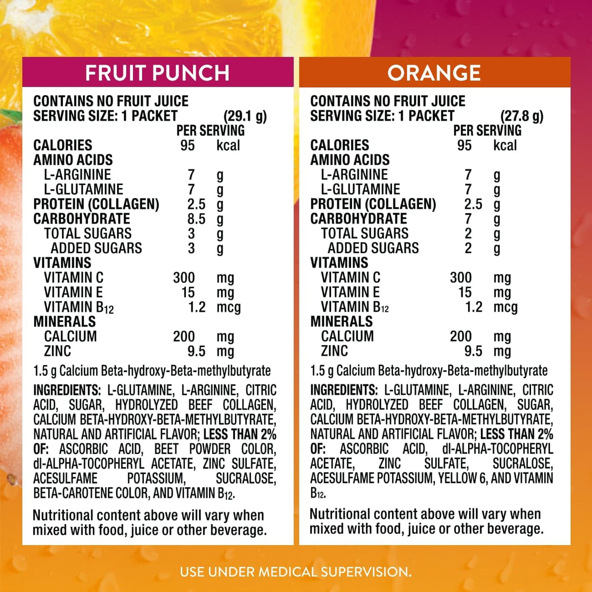 Juven Therapeutic Nutrition Drink Powder Including Collagen Peptides, Amino Acids, and HMB For Wound Healing Support, Variety Pack: Orange & Fruit Punch, 30 Packets