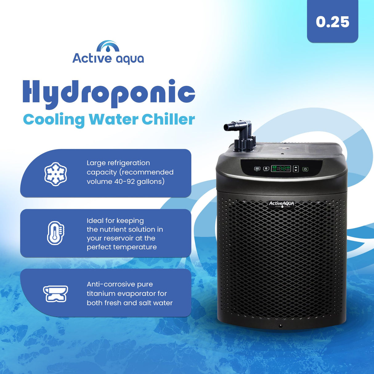 Active Aqua Hydroponic Water Chiller, 0.25 HP, Pure Titanium, 40-92 Gallon
