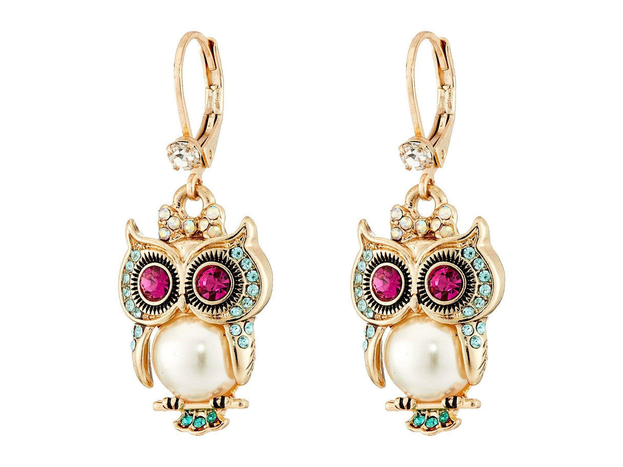 Betsey Johnson Pearl Critters Owl Drop Earrings Pearl One Size