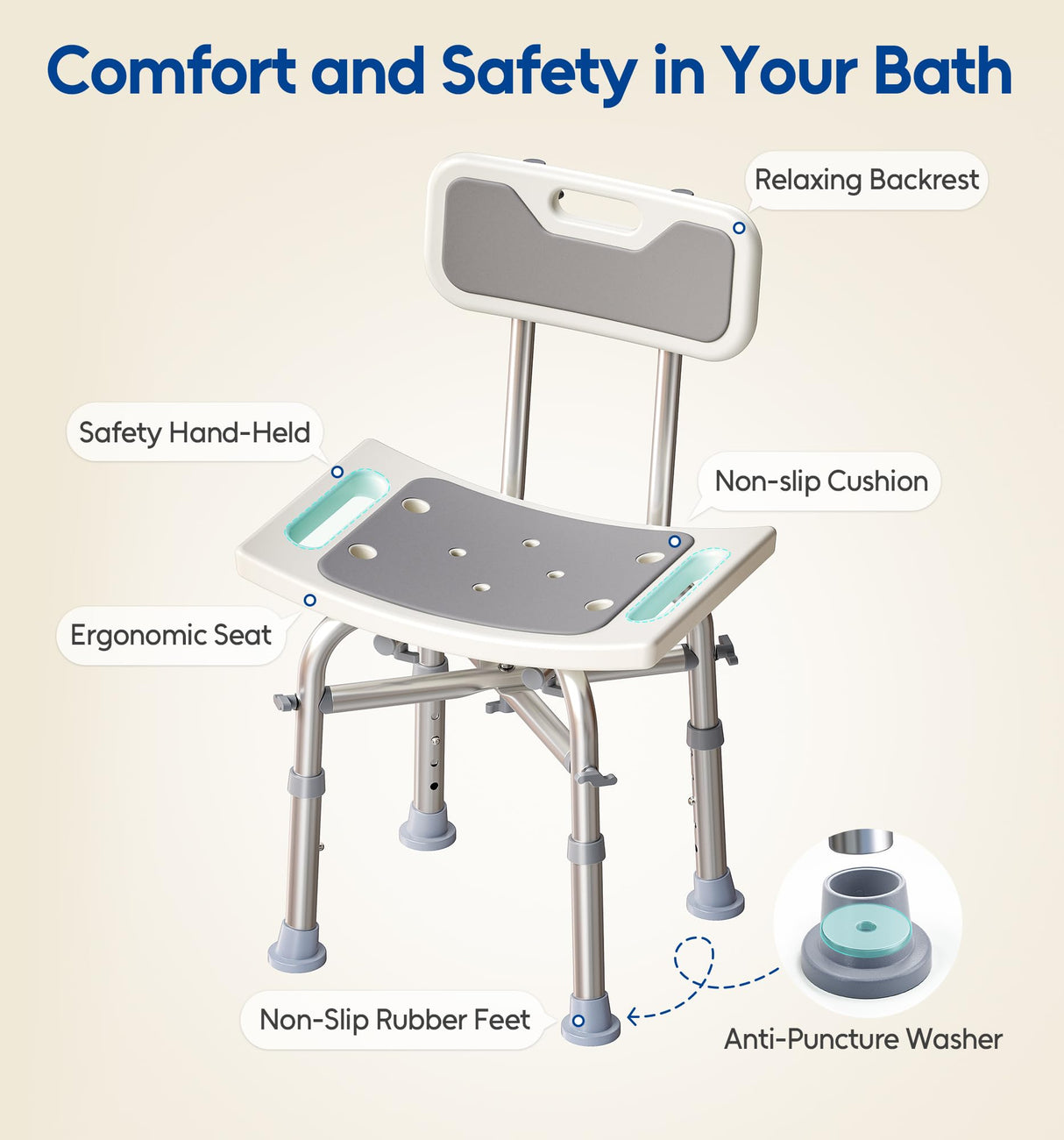 Bluelog Shower Chair with Back for Elderly and Disabled, Shower Seat Bench Stool, Adjustable Height, 500 lbs Capacity, FSA/HSA Eligible, Rectangular