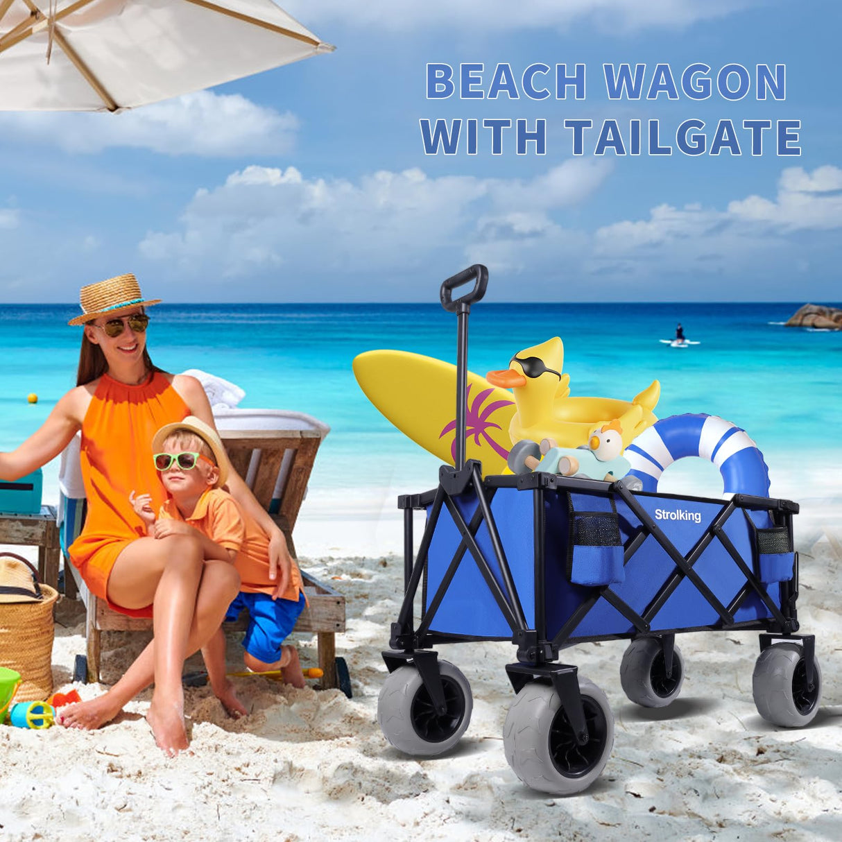 51" L Beach Wagon with 9" Sand Wheels,260L Collapsible Beach Cart with Rear Tailgate,Heavy Duty Wagon for Sand, Camping, Fishing and Sport,Blue