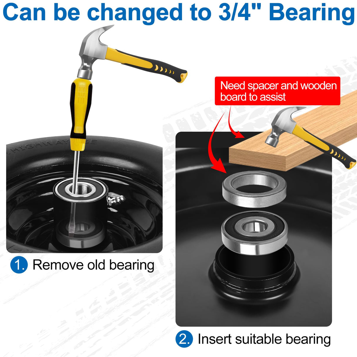 4.00-6 Flat Free Wheelbarrow Tires and Wheels, 13 Inch Wheelbarrow Tires with 5/8" or 3/4" Bearings, 1.75'' Centered Hub Hand Truck Solid Wheels Replacement for Hand Trucks, Dolly Trolleies, 2 PCS