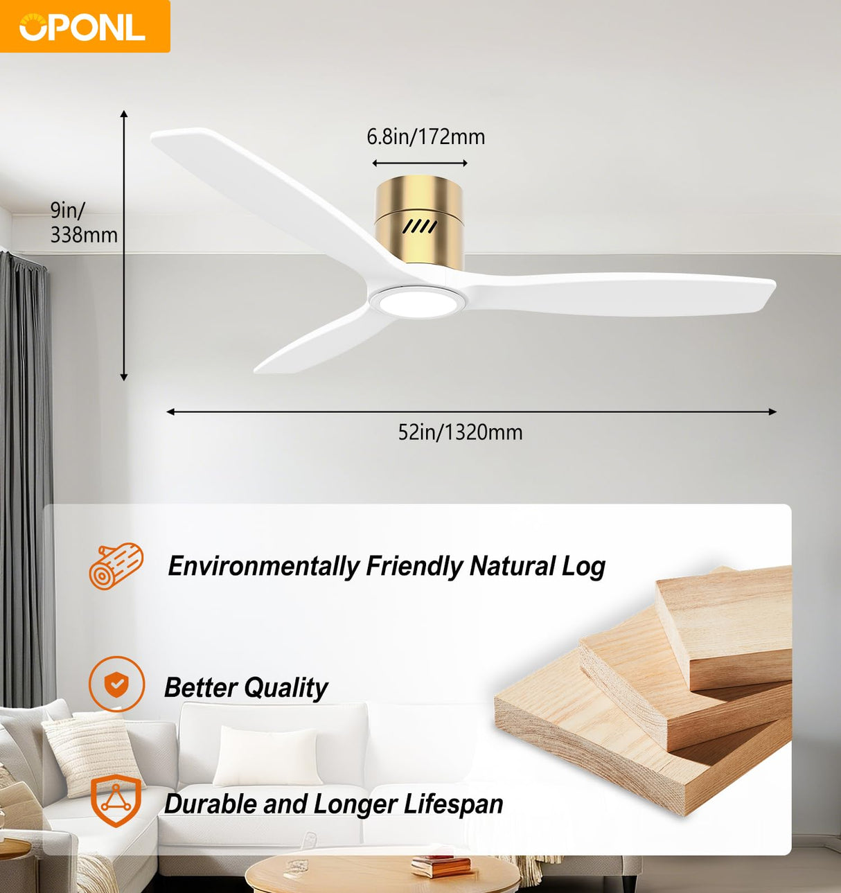 OPONL White Wood Ceiling Fan with Light 52inch, Low Profile, Remote Control, Noiseless, Reversible, 6CCT, Dimmable, 6 speeds, Timeable, Flush Mount Ceiling Fans with Lights for Living Room