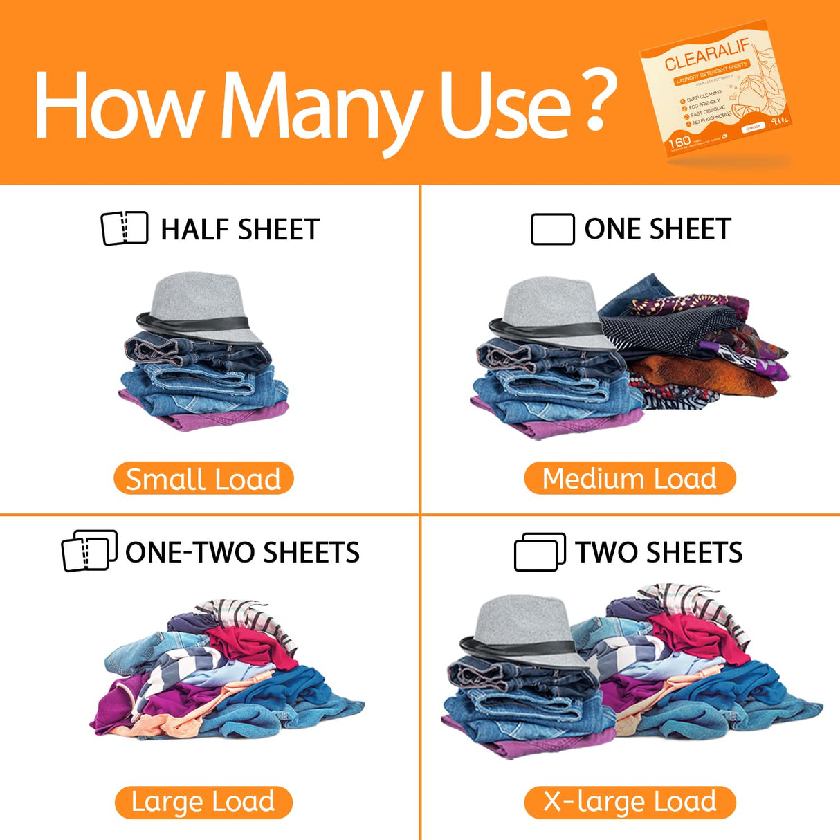 Laundry Detergent Sheets (480 Loads), Orange,Great For Travel,Apartments, Dorms,CLEARALIF Laundry Detergent Strips Eco Friendly & Hypoallergenic (80 Count, Pack of 3)