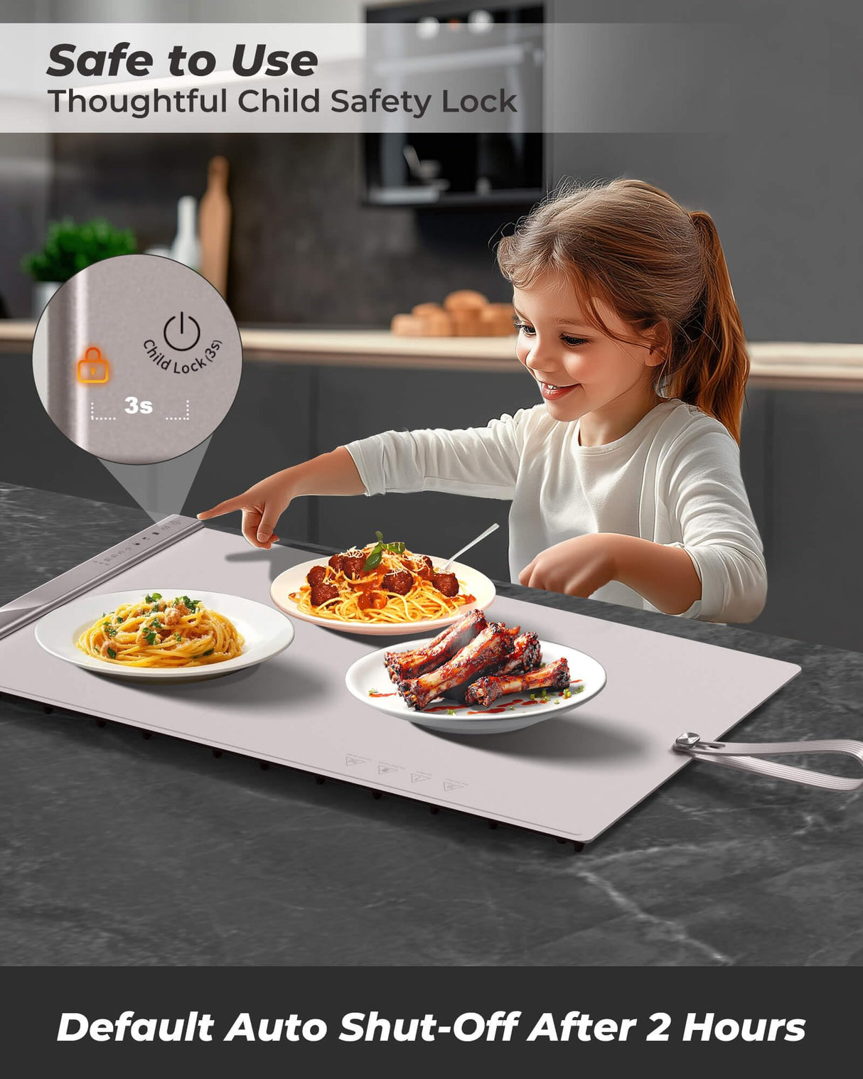 Food Warming Mat with Dual Heating Zones, 4 Temp Settings, Silicone Easy-Clean, Auto Shut-Off, Timer, Child Lock, Portable for Buffet, Party & Travel, 350W, 120V(AC), (White)