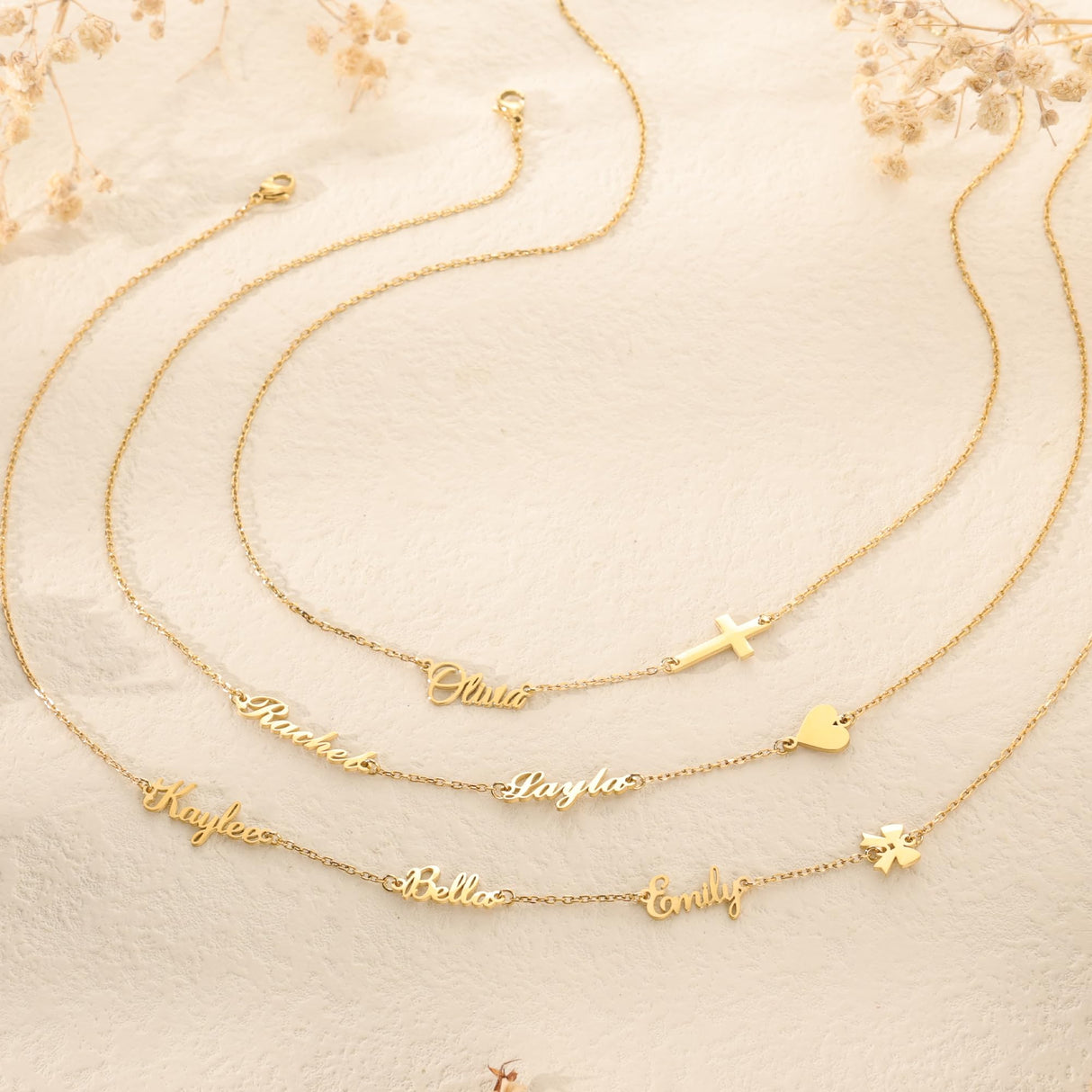 Elemtansy Custom Name Necklace with 1-3 Tiny Names - 18K Gold-Plated Family Necklace Personalized with Heart, Cross, Paw Print - Birthday Jewelry Gifts for Mom, Wife (2 Tiny Names + Symbol)