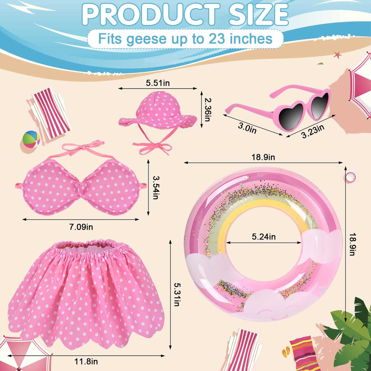 yuboo Summer Porch Goose Outfits Fits 23" Bikini Goose Outfits with Swimming Ring, Sunglasses, Hat and Skirt Hawaiian Porch Goose Clothes Costume for Outdoor Patio Yard Decor Pink