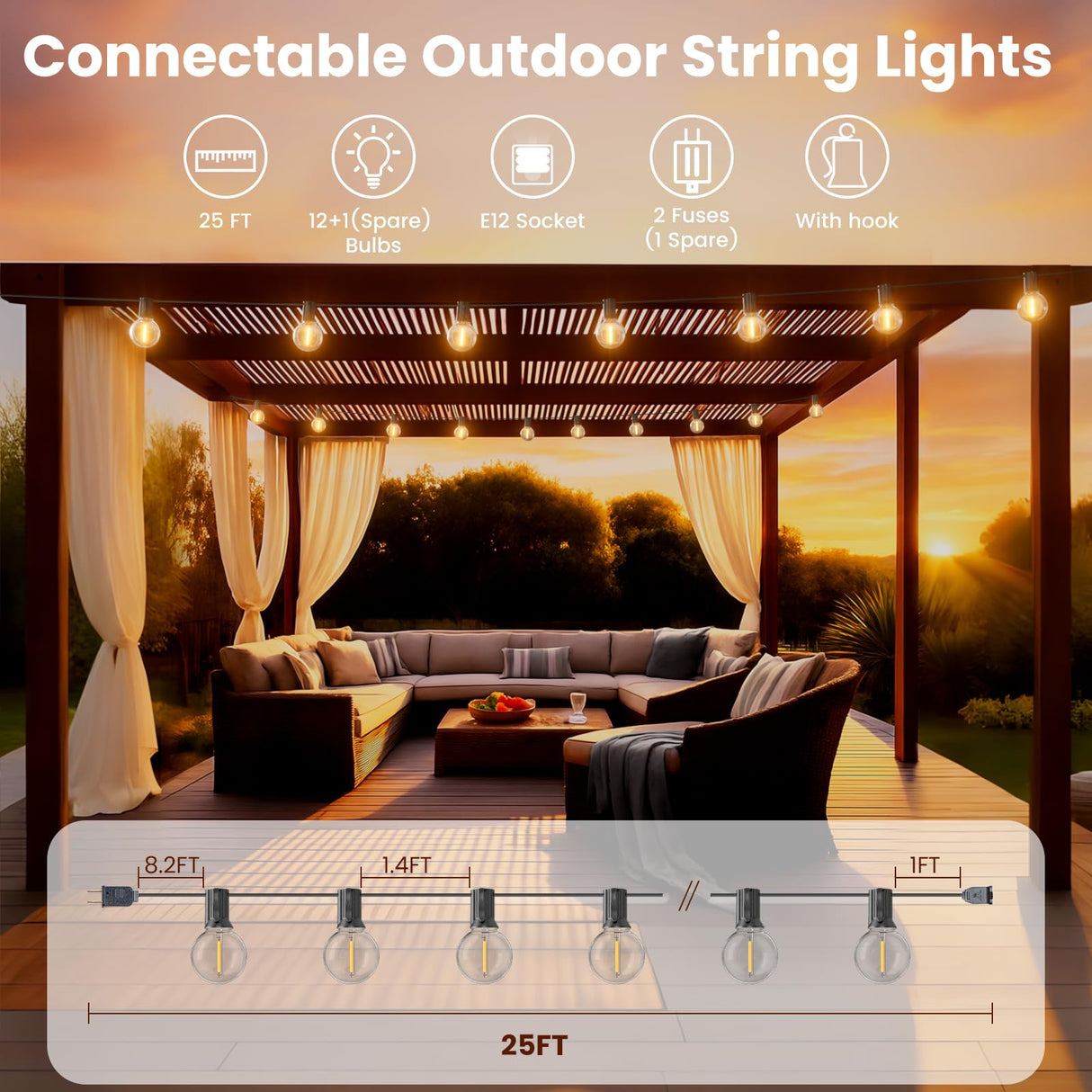 RTTY Outdoor String Lights 25 FT, Patio Light for outside with 13pcs G40 LED Plastic Bulbs, Shatterproof Waterproof Connectable Hanging Globe Lighting for Porch Cafe Bistro Backyard Balcony Deck Party