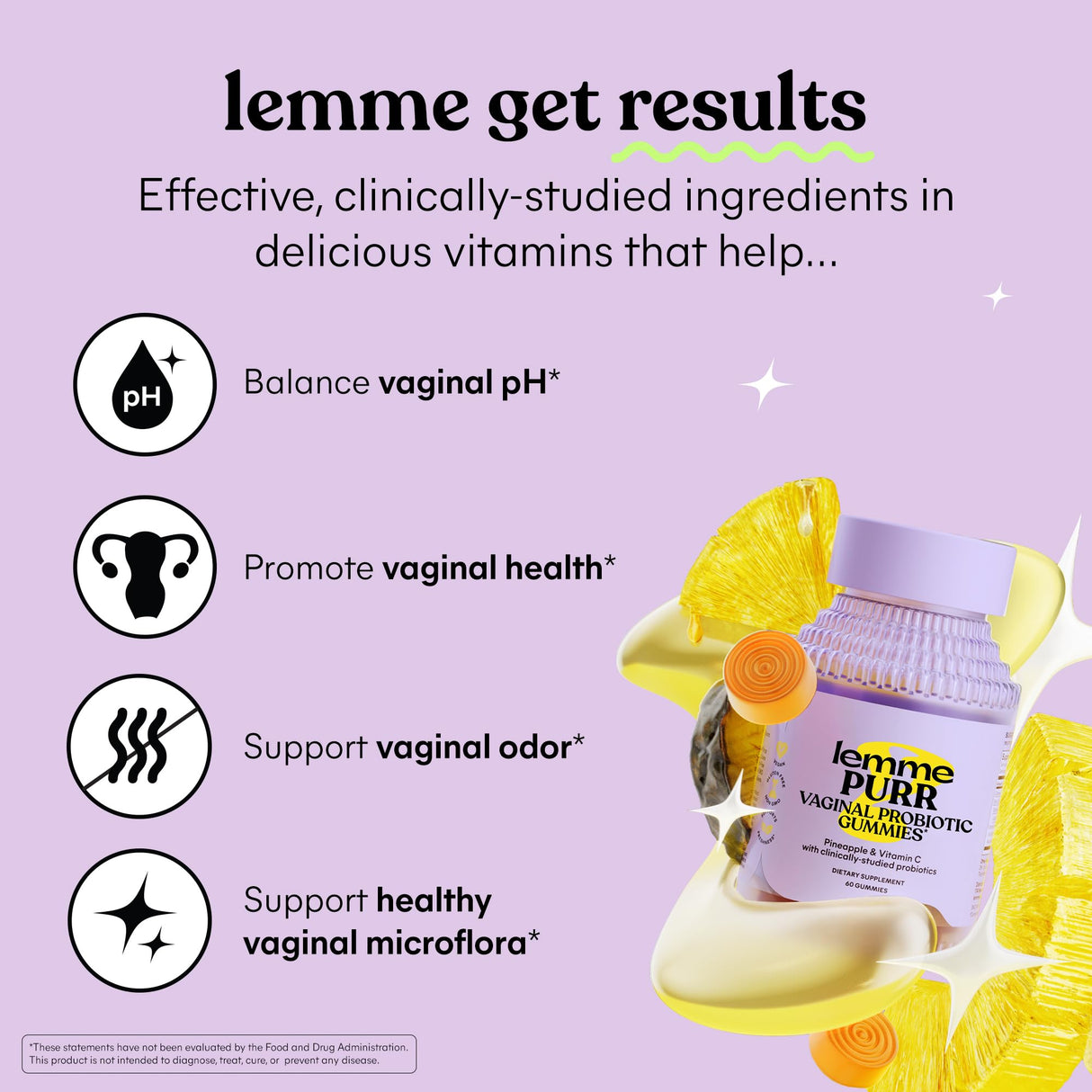 Lemme Purr Vaginal Probiotic Gummies for Women - Balanced pH, Healthy Odor, Yeast Balance & Flora Support + Vitamin C for Immune Health - Tasty Pineapple (60 Count) (Pack of 2)
