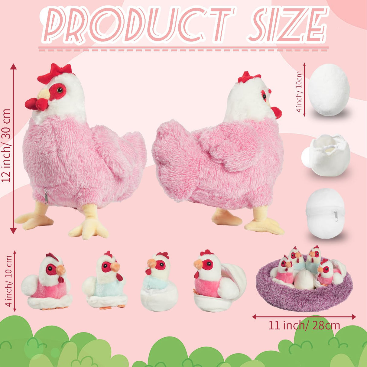 9 in 1 Chicken Stuffed Animal Set, Stuffed Chicken Toys for Kids Egg Laying Hen with Coop, Baby Chicks Plush Chickens and Eggs for Girls Kids Christmas Birthday Easter Gifts Farm Party Decor (Pink)