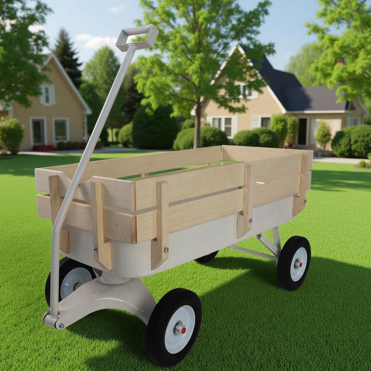 ZeHuoGe Outdoor Sport Wagon All Terrain Pulling w/Removable Wooden Side Panels, Solid Tires Big Foot Panel Wagon,Pull-Along Wagons (White)