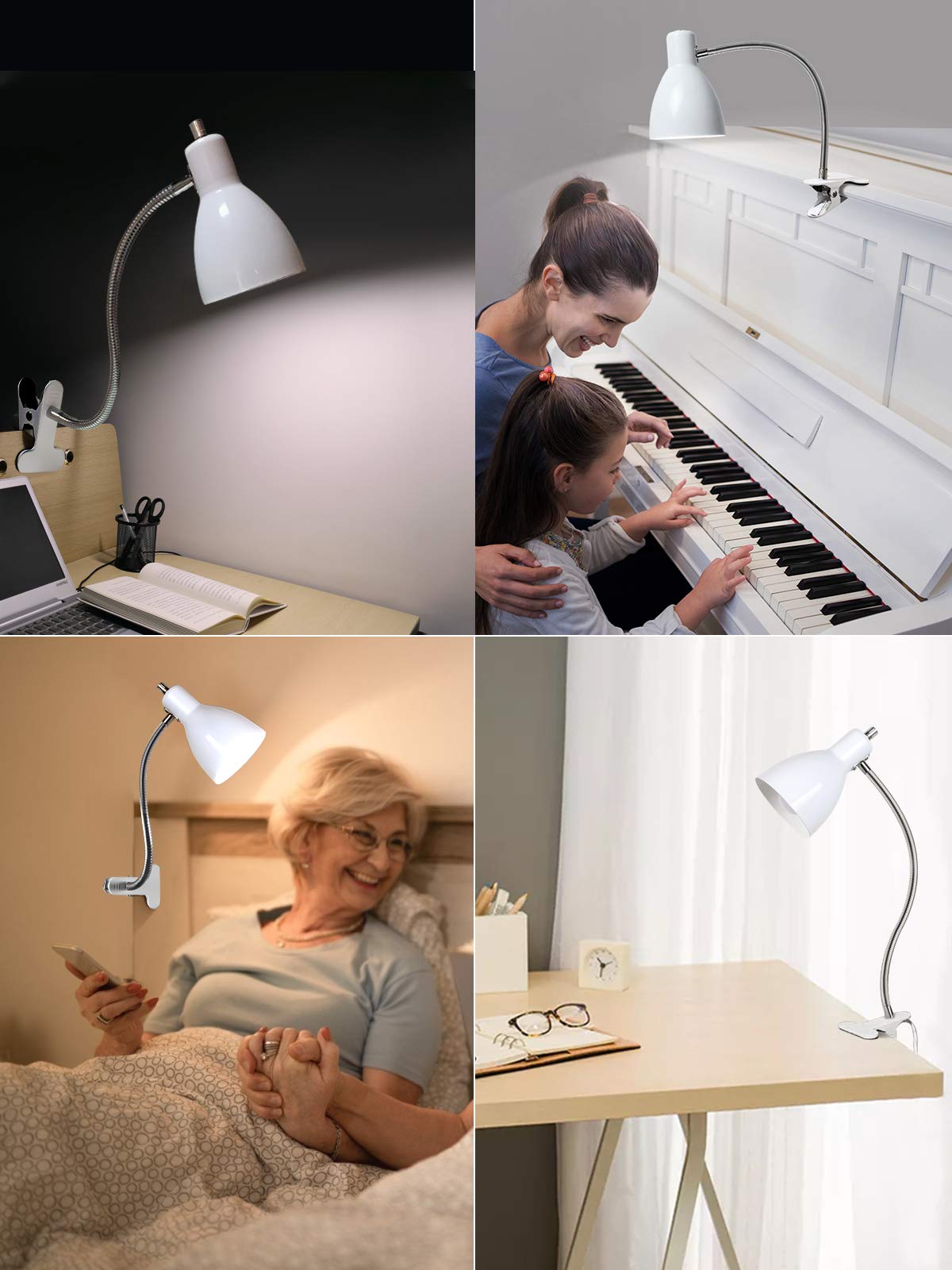 Desk lamp Eye-Caring Table Lamps, 360°Rotation Gooseneck Clip on Lamp Reading Light Portable Reading Book Light Clamp Study Desk Lamps for Bedroom and Office Home Lighting (White)