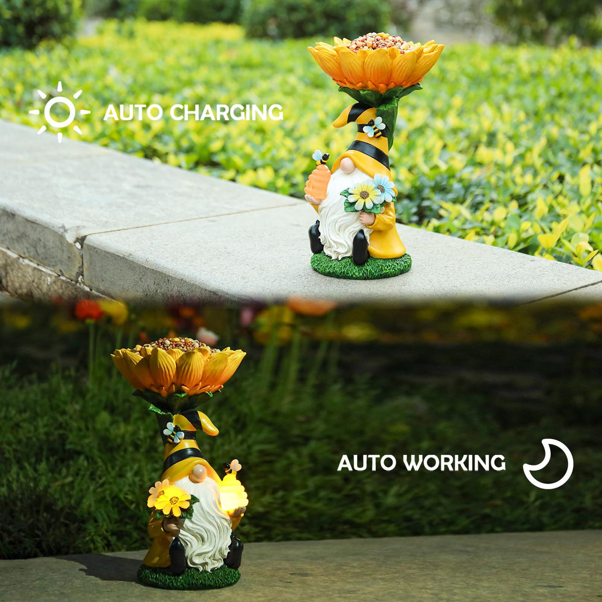 MUMTOP Garden Gnome BirdBath for Outdoor, Bird Baths Bowl Solar LED Light
