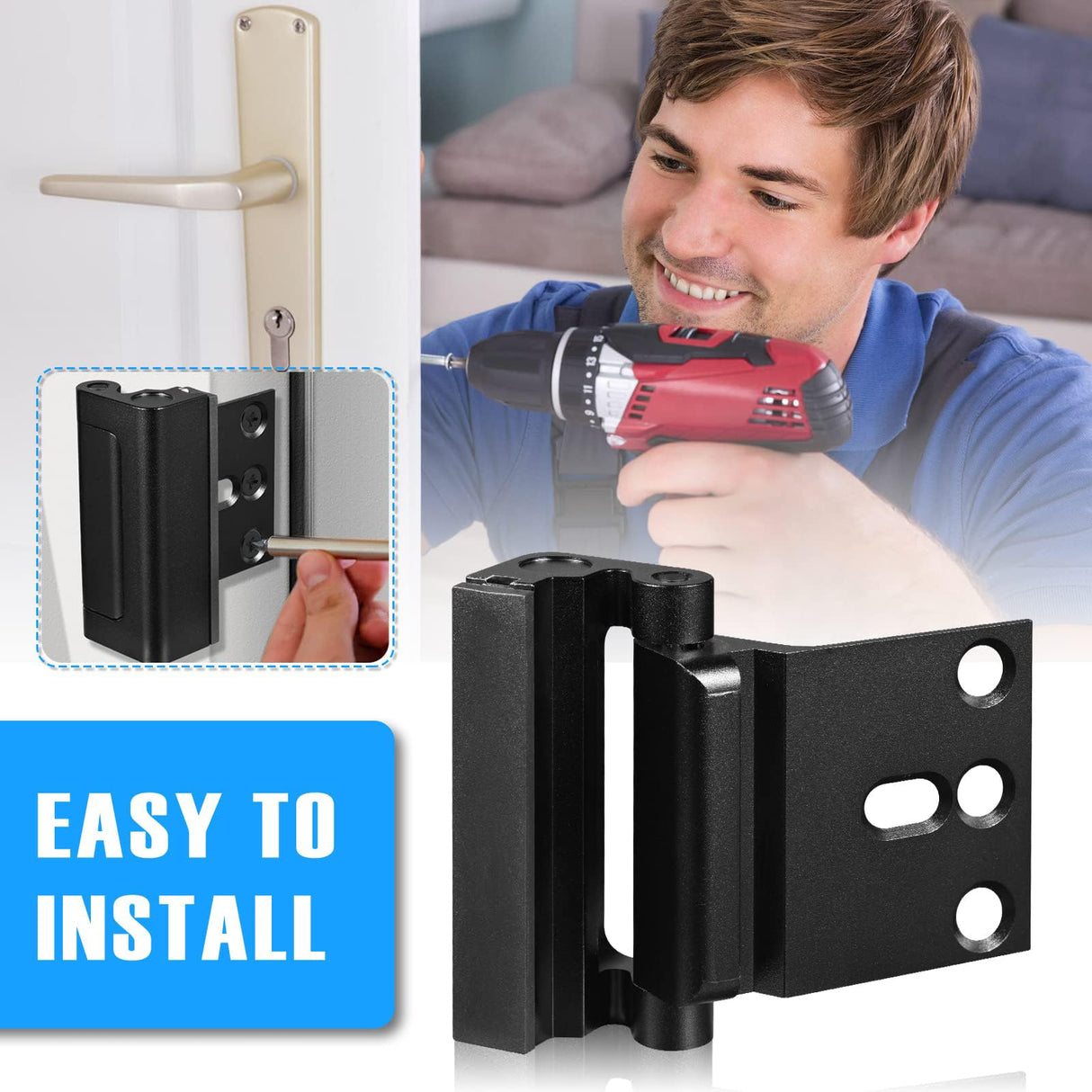 Steinwhale 3Pack Home Security Door Reinforcement Lock, Childproof Safety Door Lock Latch Inside Stopper, Add High Security to Prevent Home Unauthorized Entry, Aluminum Construction Finish Black