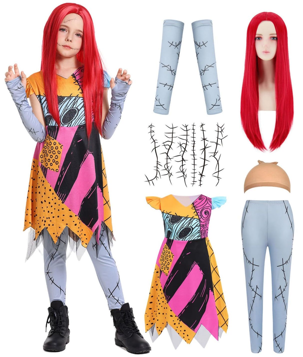 Costume Girls Kids Christmas Nightmare Cosplay Outfit Toddler Halloween Costumes Doll Princess Dress Up Set with Red Wig Tattoo Stickers CA039XXL