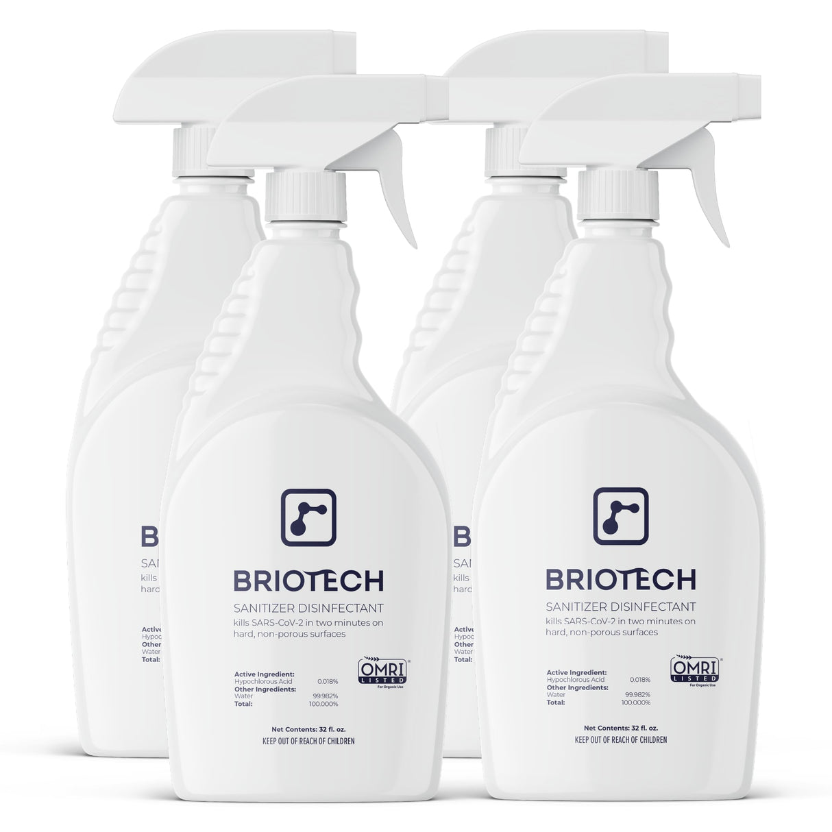 BRIOTECH Sanitizer Disinfectant Hypochlorous Spray, Kill 99.99% of Viruses & Bacteria, Control Mold, Eliminate Odor, Gentle for Nursery & Play Rooms, Food Contact Surface Sanitizer, 32 fl oz (4 Pack)