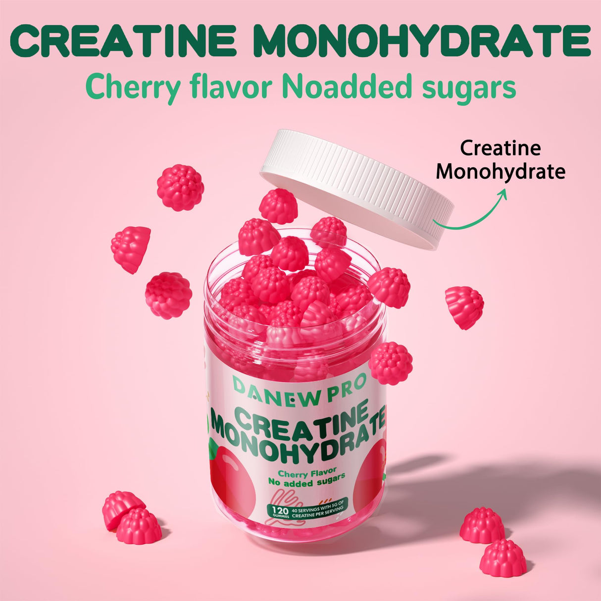 DANEW Pro Creatine Monohydrate Gummies 5000mg for Men & Women, Creatine Monohydrate for Muscle Strength, Muscle Builder, Energy Boost, Pre-Workout Supplement(120 Count)-Cherry Flavor
