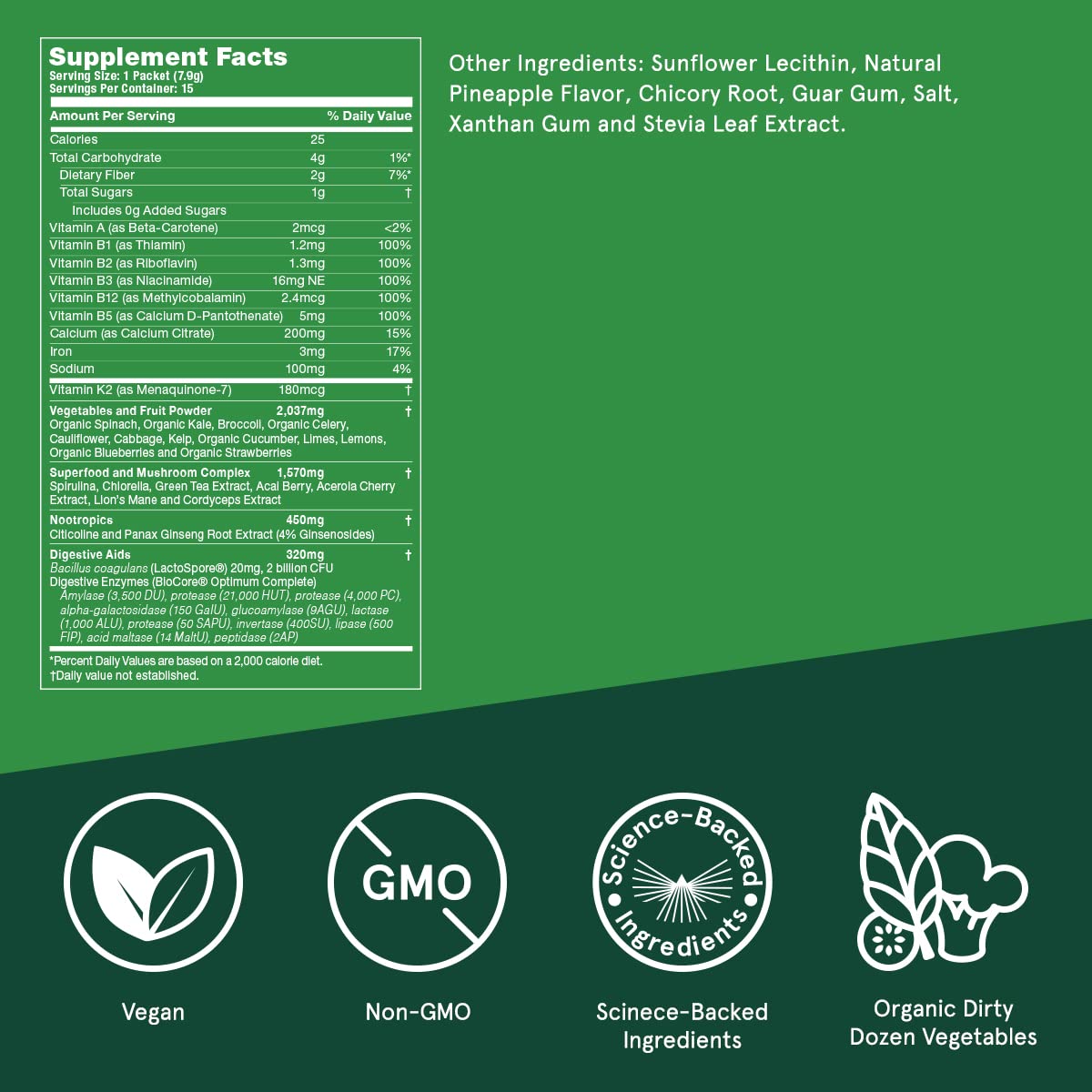 Bulletproof Greens Packets, 15 Count, Daily Greens Powder with Superfoods and Nootropics, Full Serving of Vegetables, Essential Nutrients