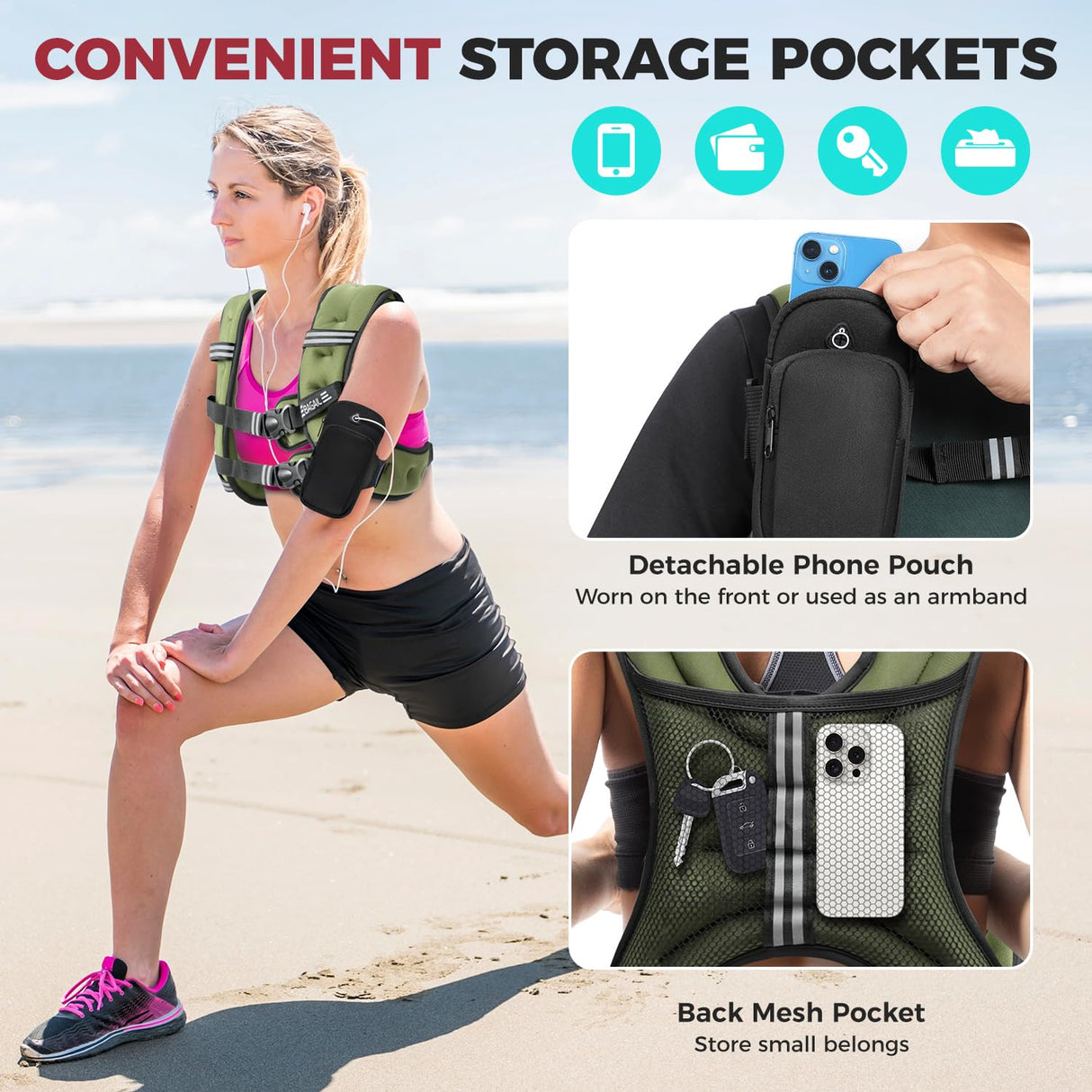 BAGAIL Weighted Vest, 5lbs/10lbs/12lbs/15lbs/20lbs/25lbs/30lbs Weight Vest with Detachable Phone Pouch, Rucking Vest for Women, Men, Walking, Weight Loss, Training, Running